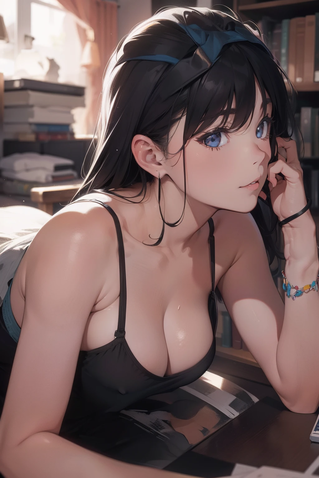 ultra-quality, ultla highres, Hyper Detailed, High contrast, superfine illustration, creative refinement, livingroom, Camisole