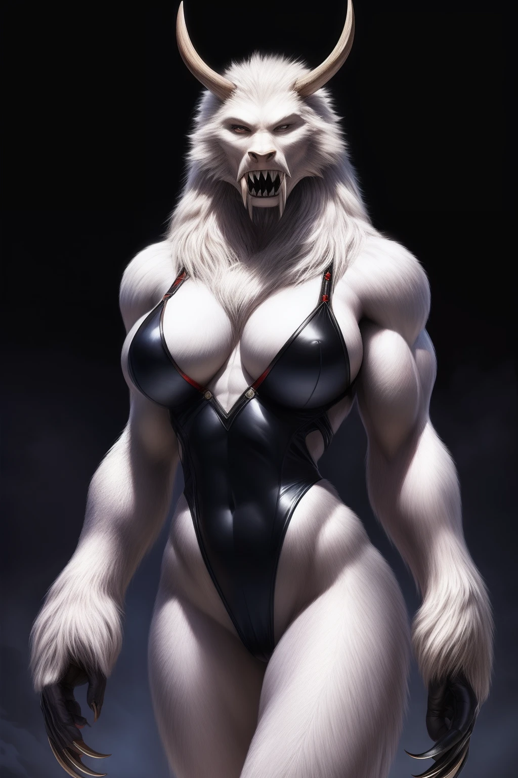 realistic, best quality, anthro yeti woman, black bodysuit, large bust, muscular, hourglass body, fit, sexy hips, long claws, long arms, sharp teeth and fangs, white fur,