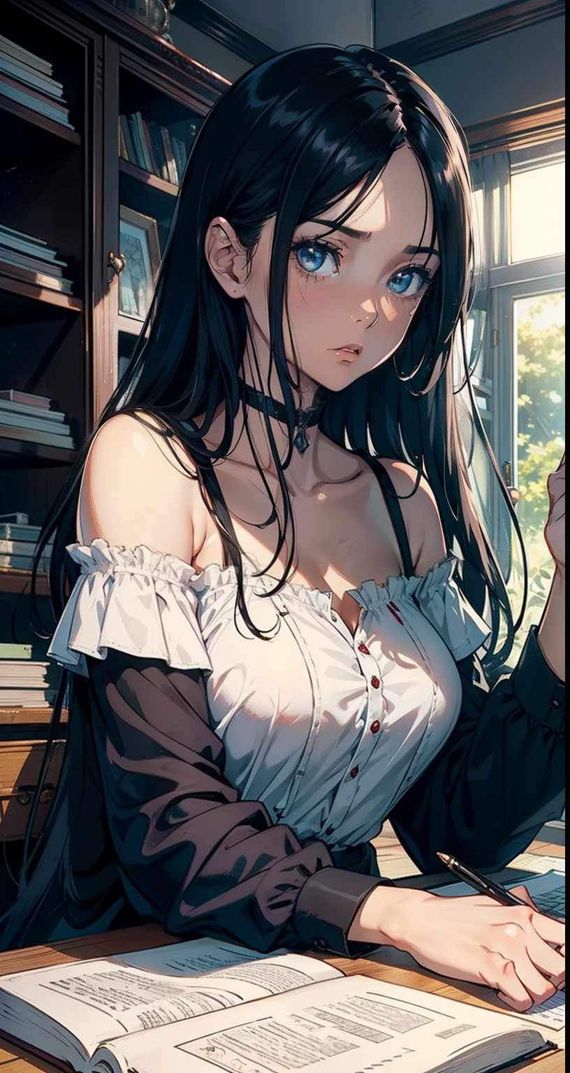 （laughing out loud），（masterpiece），（best quality），（Very detailed），（Enlightenment），（ultra high resolution）a girl，Off the shoulder dress，Smile，(Off the shoulder dress)，mentor，black hair，Long straight hair，White shirt，mature woman，huge ，frown，top down view，close-up，Write homework，inside the room，bookshelf，table，Sadomasochism，hang up