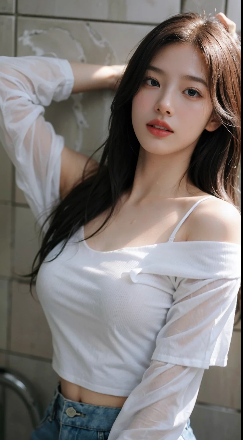 1girl, (Super:1.2), ((White shirt:1.2)), RAW Photos, (Photorealistic:1.37, Realistic), High Definition CG Unified 8K Wallpaper, Watch Viewer, ((Straight from Front))), (HQ Skin: 1.8, Glossy Skin), 8K UHD, DSLR, Soft Lighting, High Quality, Film Grain, FUJIFILM XT3, ((Upper Body: 1.6) ), (Pro Lighting: 1.6), (shower, wet body, wet clothes: 4.1), from below, emphasizing cleavage, off-shoulder, braless