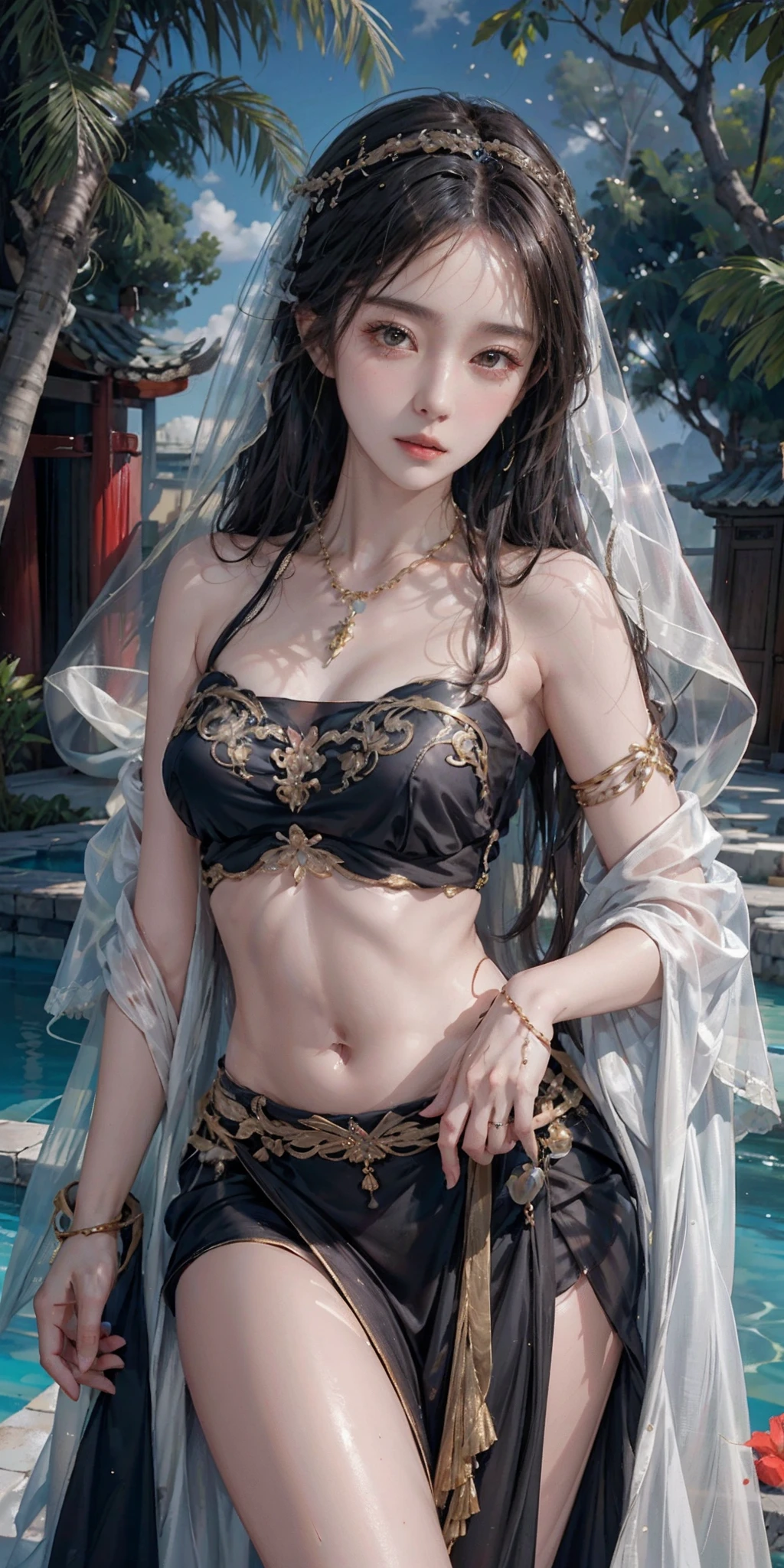 photorealistic, high resolution, soft light,1women, audult, solo, hips up, shining skin, (detailed face), jewelry, tattoo, china goddes, veil, midriff, bare shoulder