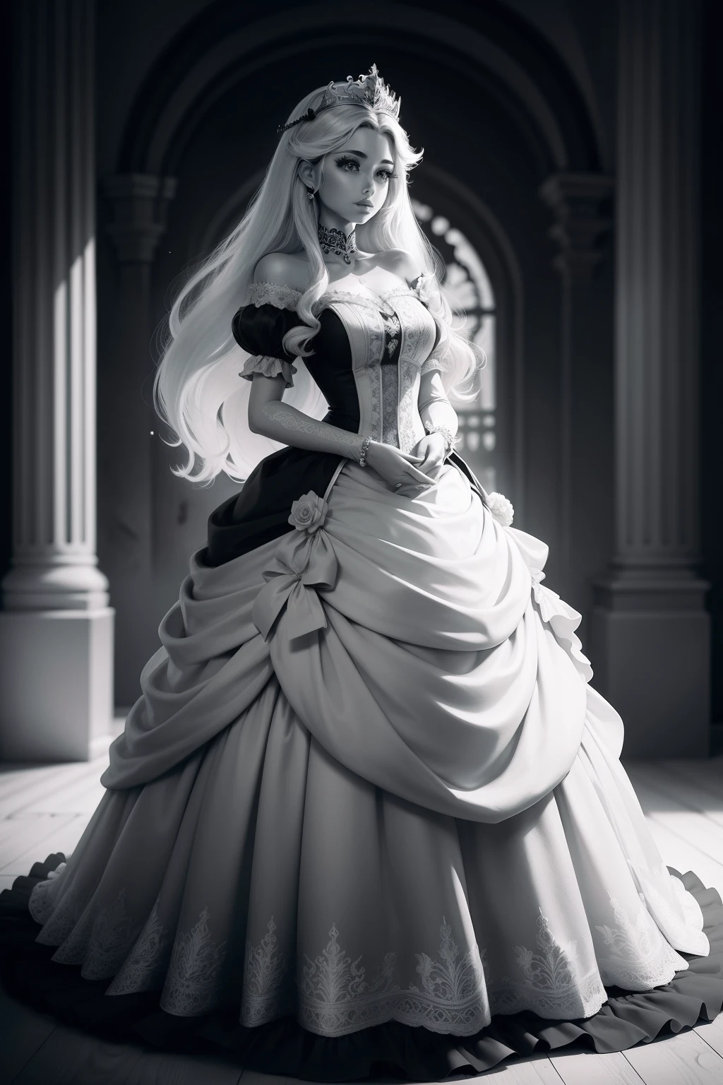 ((Cyberpunk background:1.1) John Tenniel art, frustrated Ariana Grande, (pale skin:1.4) silver hair, curls, wearing a stately and elaborate trixie ballgown of silver satin and silver adorned with large satin, silver futuristic ballroom gown, cybernetic mech enhancements , (((huge silver ribbon bows))), silver rosebuds, silver embroidery and jewels, (gigantic breasts:1.3) with (((enormous sulver puffed sleeves))), an hourglass waist, and a (((flat crinoline silver hoopskirt))), (((bustle))), long silver gloves, adorned with intricate metallic details, pearl and diamond necklace and earrings, large elaborately curled and styled hair