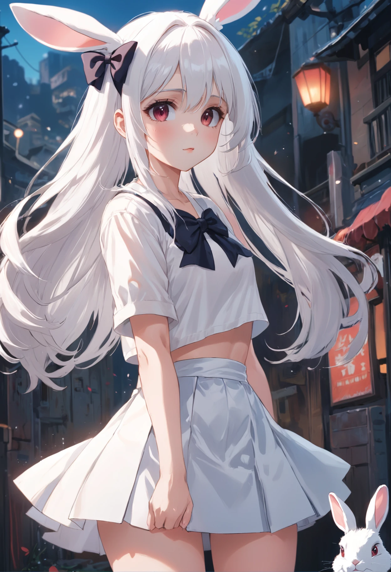 Girl White Rabbit White Hair Bow Short Skirt White Top Hands Behind You