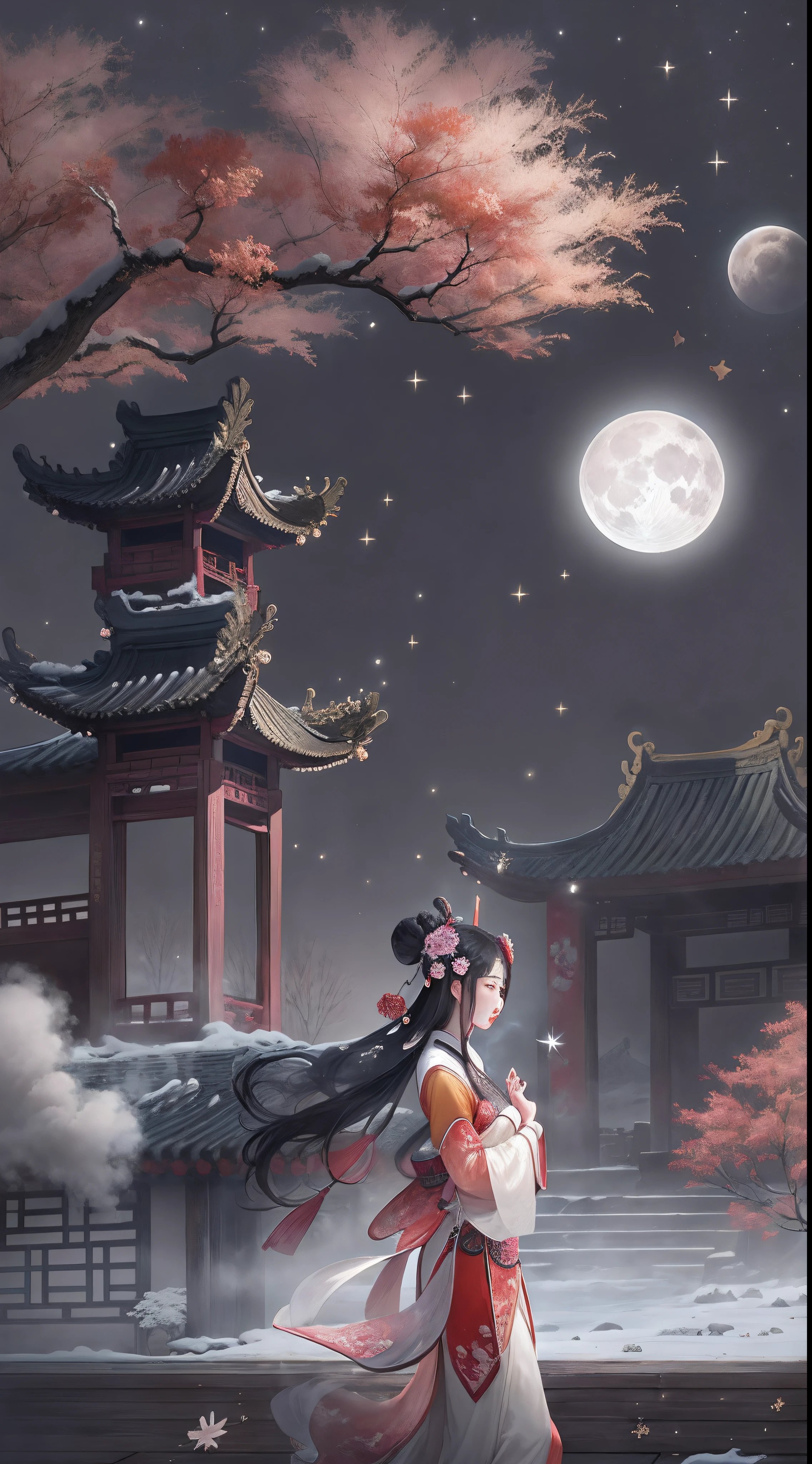 (Ancient Chinese beauties dancing:1.5),Surreal CG rendering ancient China,Jiangnan ancient buildings and ancient towns have Yaolin wonderland。the night,the huge moon:1.5,The stars are bright,The smoke is fascinating,Maple and milk leaves are trees。snow landscape。k hd