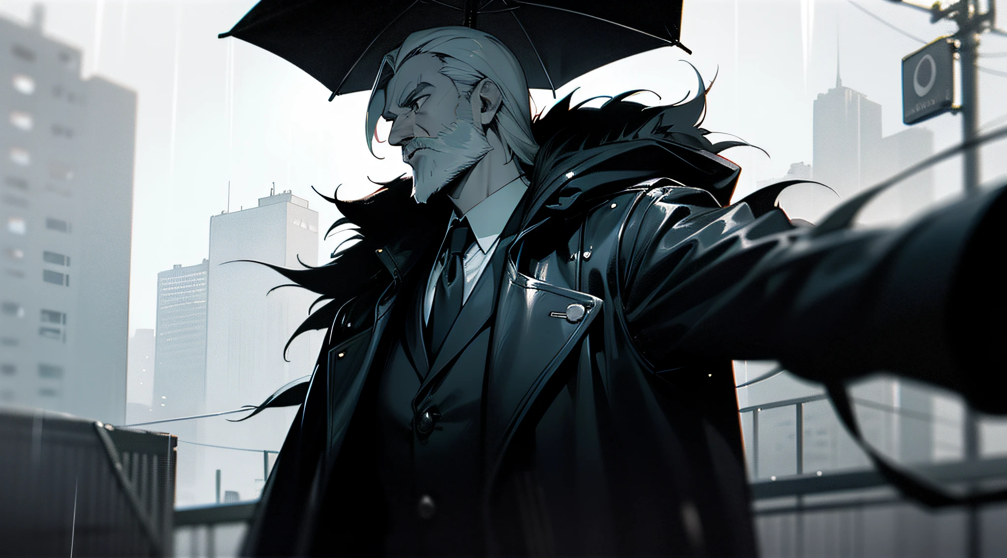 (masutepiece, Best Quality: 1.2), Ultra-detailed face, (Soft colors: 1.2, Studio Dark, Rim lighting, dual-tone lighting, Dim light, tom baixo, ), ((heavy rain weather)), Skin Cover Long Leather Rain , Posters from the 1930s \(Style\), Detective Film Noir,(Atmosphere Noir:1), dreary atmosphere, Night City Street, emphasis on color noir, New York in the 1930s , Realistic image, Mysterious Man, 30 years old, Beard and mustache, Wearing black clothes, and a long black leather coat, Hooded, , Frontal position,