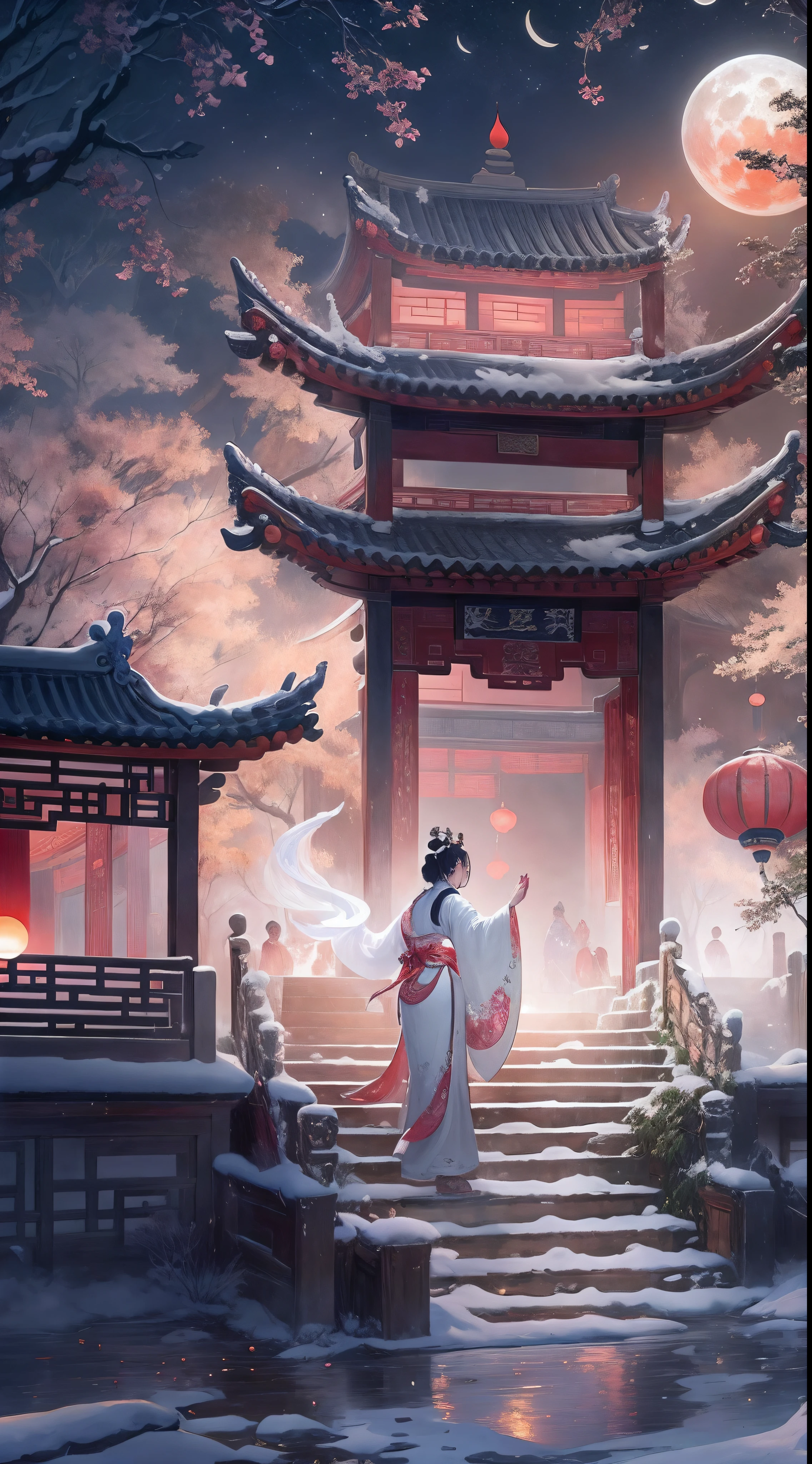 （Ancient Chinese beauties dancing：1.2），Surreal CG rendering ancient China，Jiangnan ancient buildings and ancient towns have Yaolin wonderland。the night，the huge moon：1.5，The stars are bright，The smoke is fascinating，Maple leaves and milk leaves are trees。snow landscape。k hd