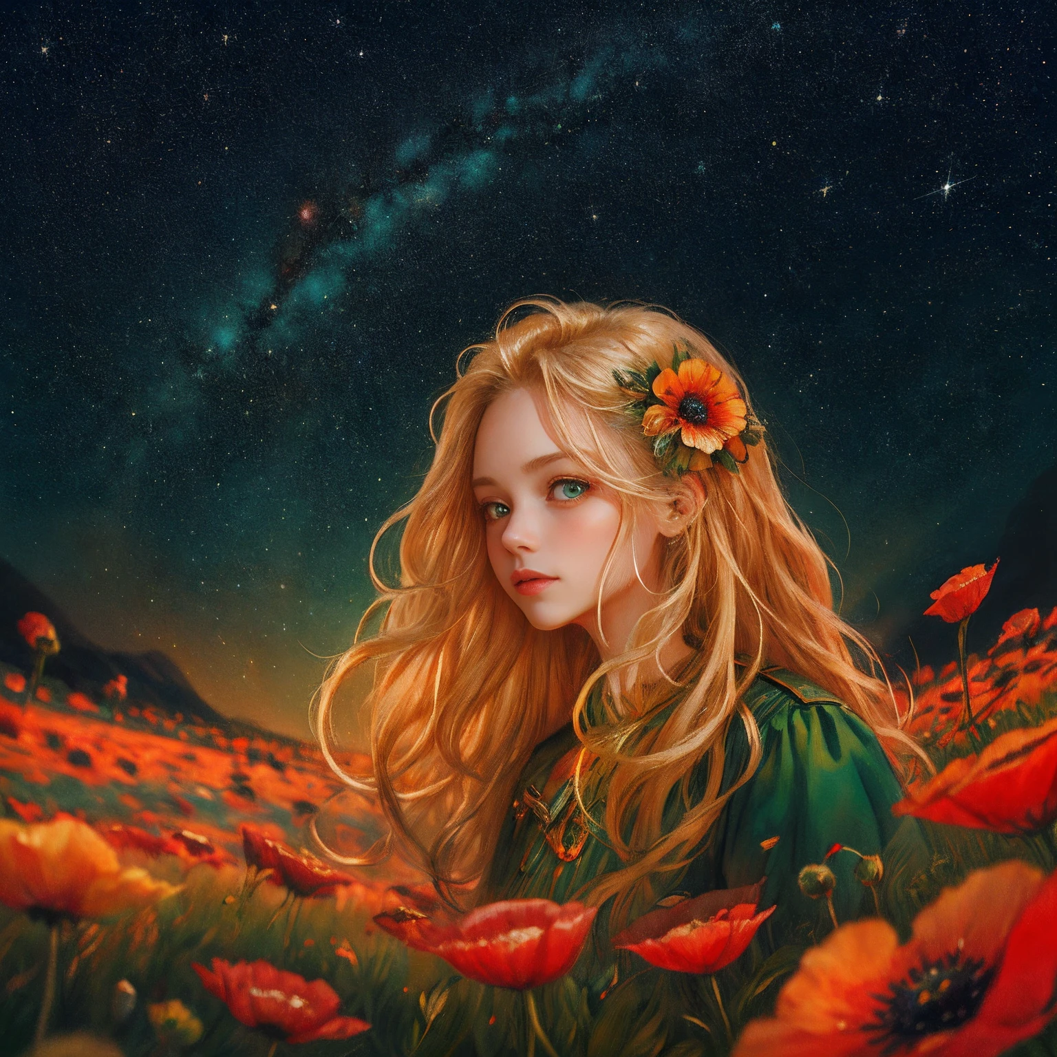 half portrait, Best Quality, masutepiece, 超A high resolution, (photos realistic: 2.5), surrealism, dream-like,
Beauty 1 person, Wavy blonde long hair, Bright green eyes, Starry sky, Night time, Stars, Galaxy, Poppy flower garden