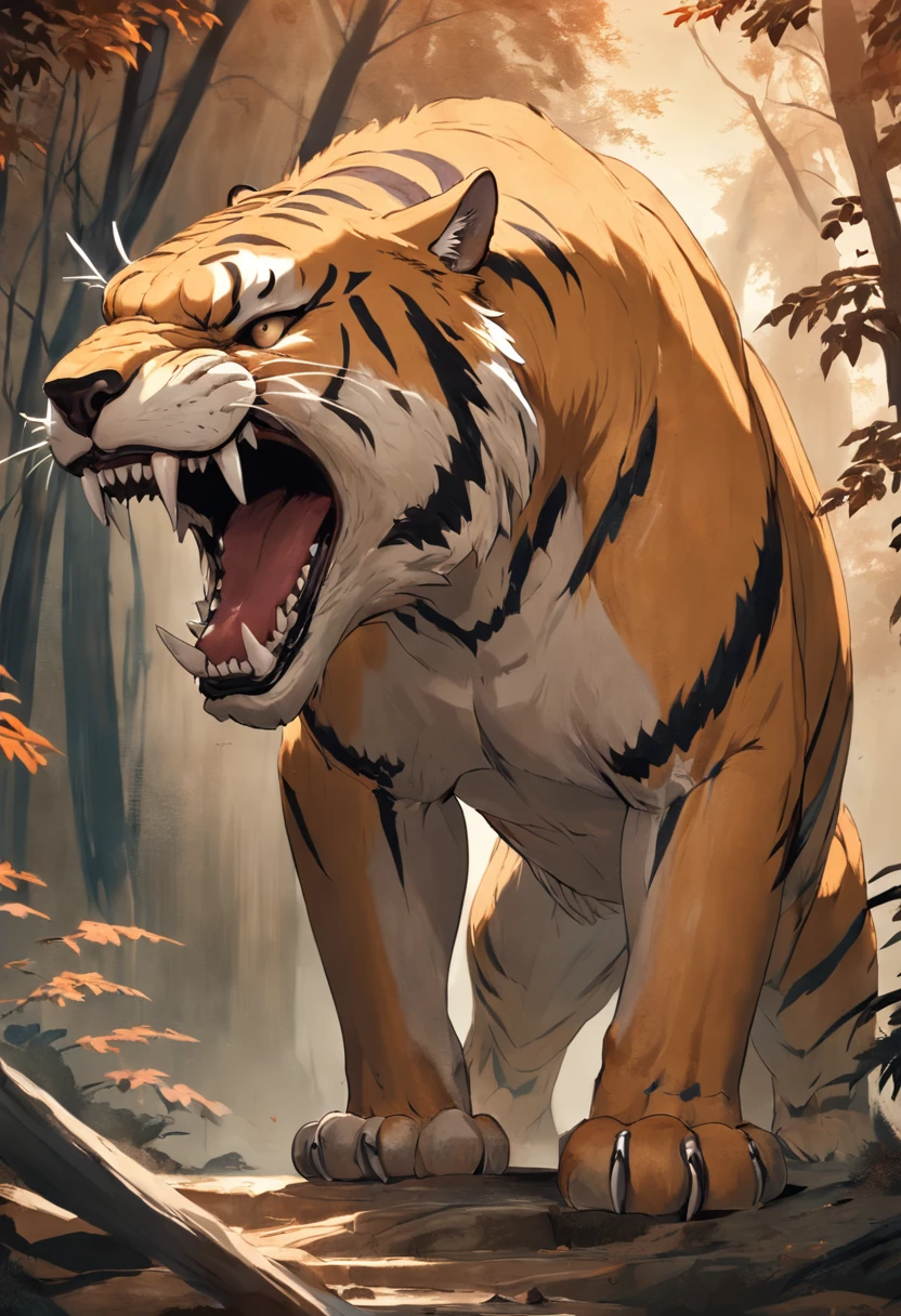 (best quality,4k,highres,masterpiece:1.2),ultra-detailed,(realistic,photorealistic:1.37),a fierce tiger,struggling vigorously,swinging its tail vigorously,a sense of storytelling,illustration,sharp focus,dramatic lighting,wildlife,ferocious,roaring,aggressive,stunning nature,white fur,striking eyes,sharp claws,intense movement,majestic presence,striking poses,dynamic energy,powerful gaze,vibrant colors,action-packed scene,forest background,splashing water.