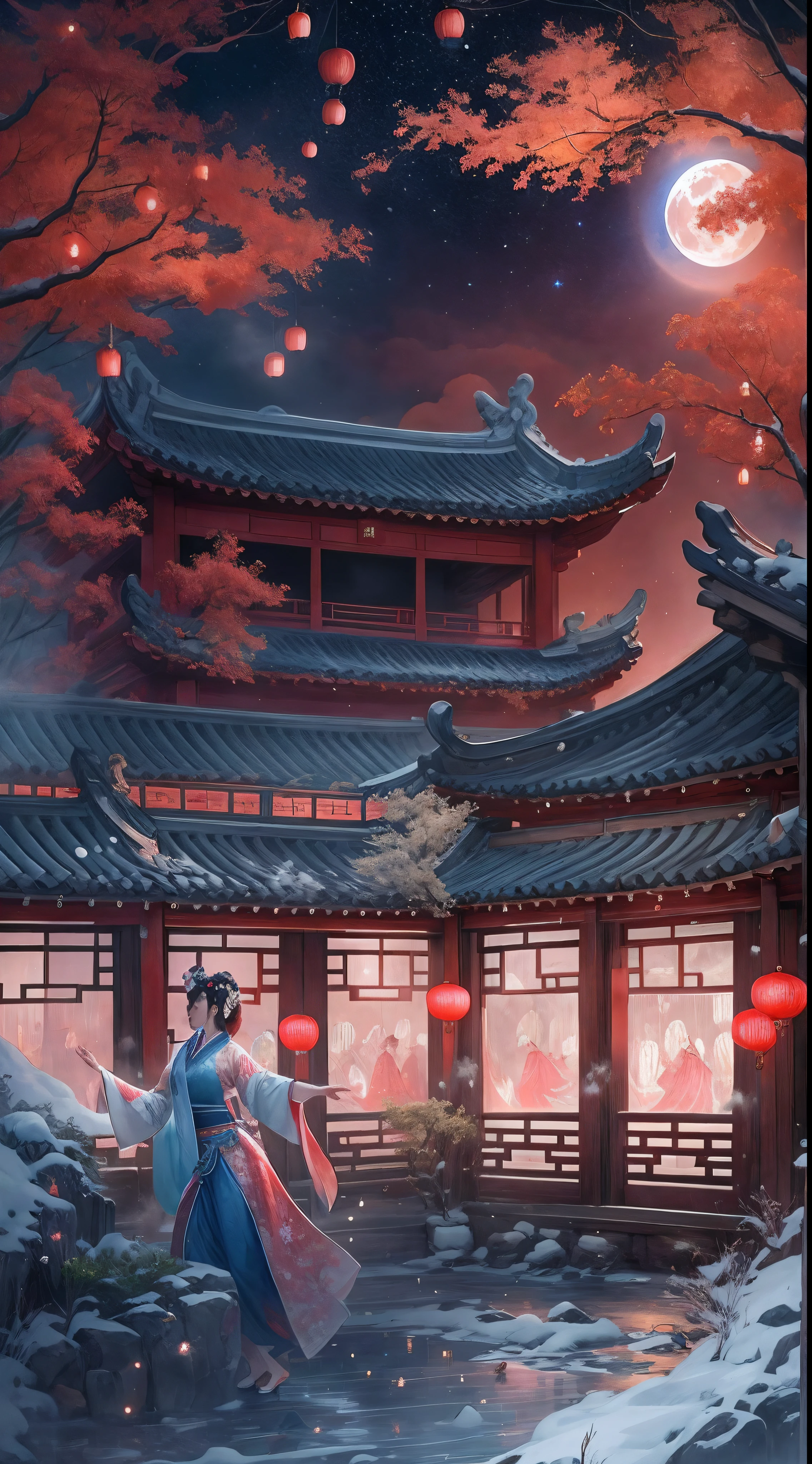(Ancient Chinese beauties dancing:1.2),Surreal CG rendering ancient China,Jiangnan ancient buildings and ancient towns have Yaolin wonderland。the night,the huge moon:1.5,The stars are bright,The smoke is fascinating,Maple and milk leaves are trees。snow landscape。k hd