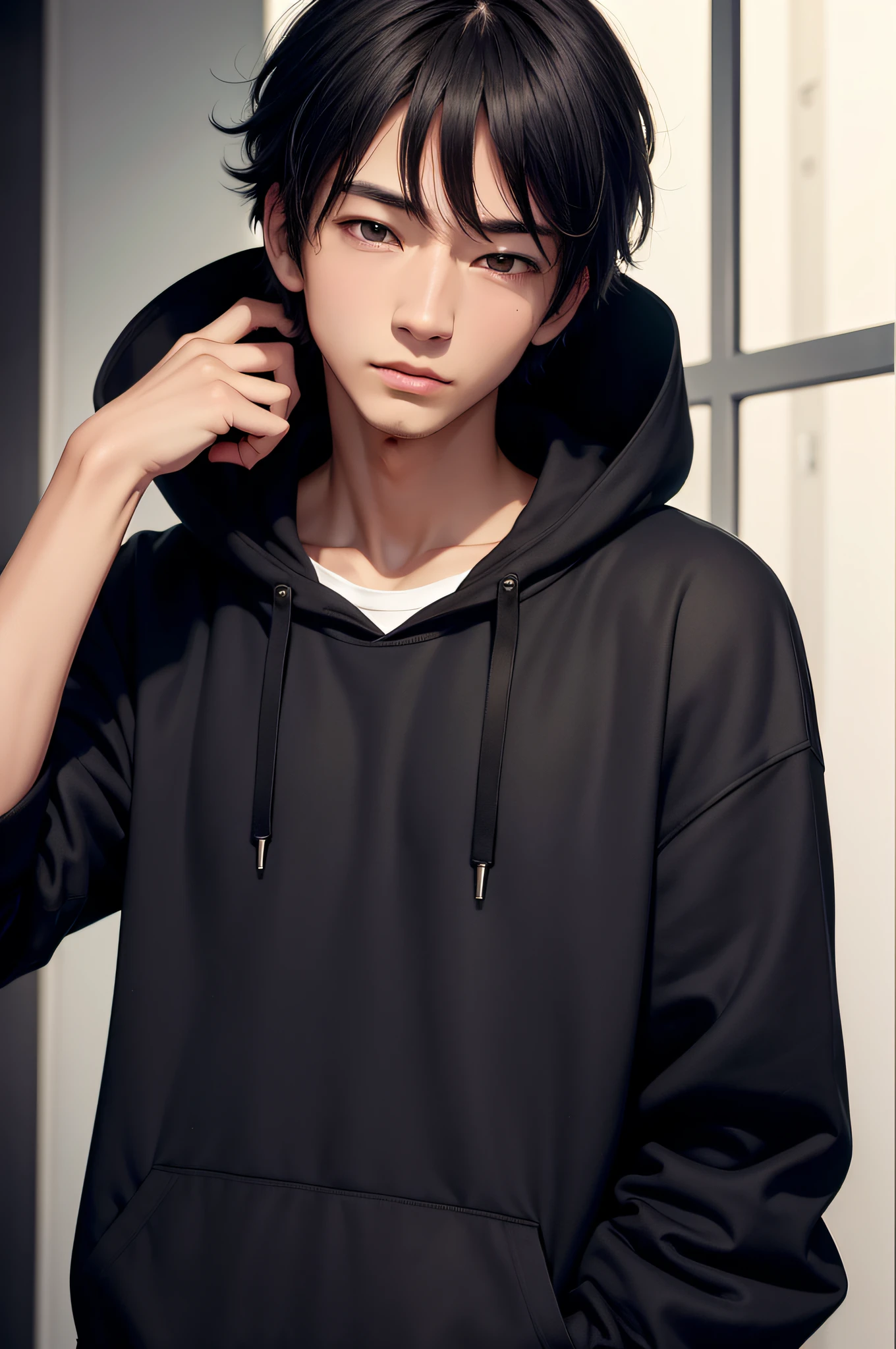 masutepiece, Best Quality, High quality, 1boy, Solo, Male Focus, Looking at Viewer, Upper body, hunt_we_No_pure, Black hair, Black eyes, , Hoodie