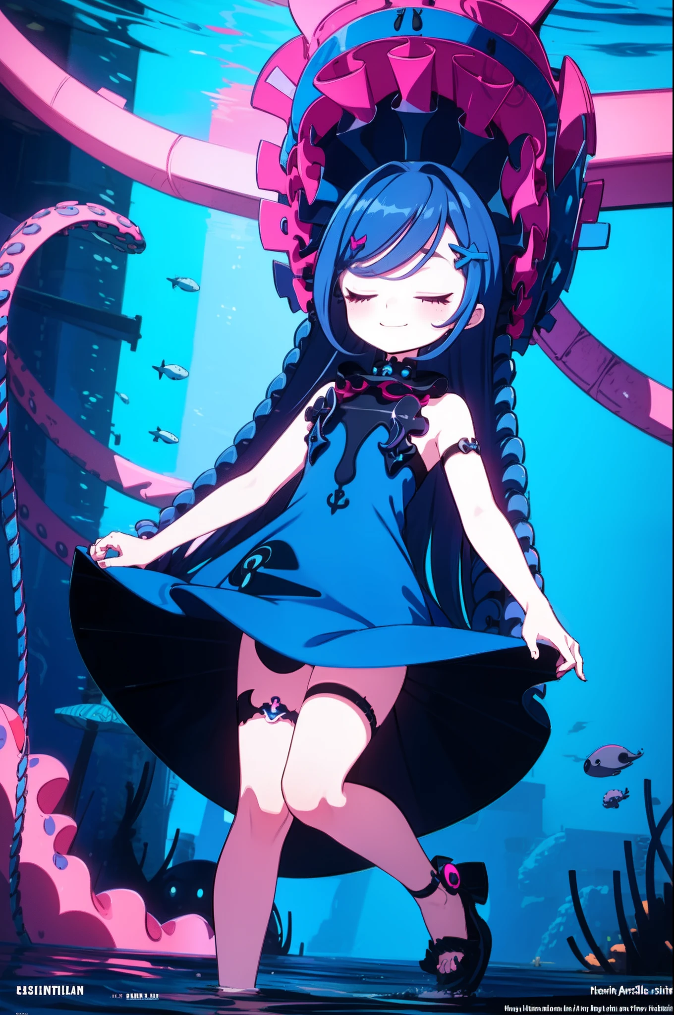 1girl, Blue navy dress with pink mini skirt, long blue navy hair, smilE, masterpiece, best quality, full body, Asleep under the sea, Long octopus tentacles, stylish