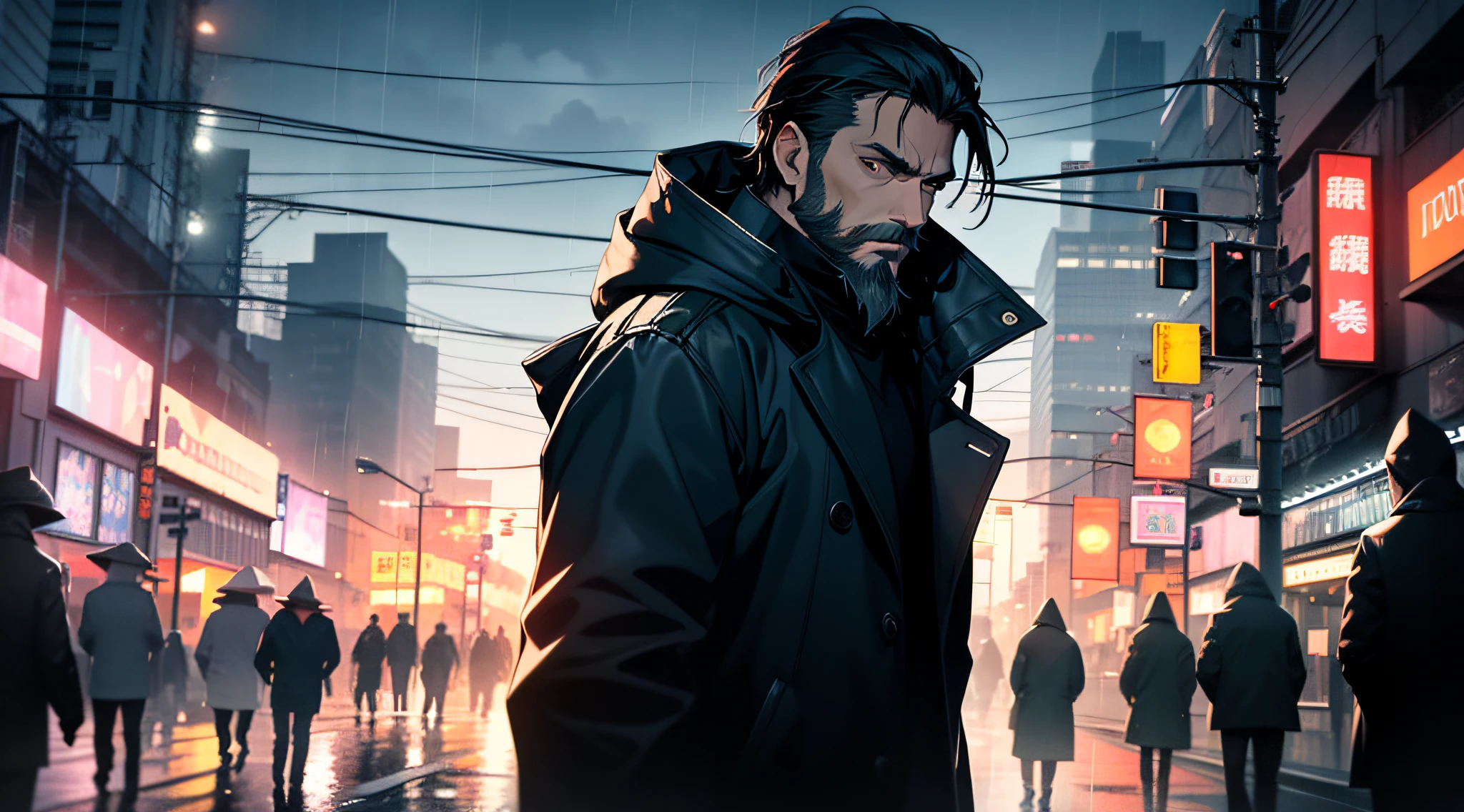 (masutepiece, Best Quality: 1.2), Ultra-detailed face, (Soft colors: 1.2, Studio Dark, Rim lighting, dual-tone lighting, Dim light, tom baixo, ), ((heavy rain weather)), Skin Cover Long Leather Rain , Posters from the 1930s \(Style\), Detective Film Noir,(Atmosphere Noir:1), dreary atmosphere, Night City Street, emphasis on color noir, New York in the 1930s , Realistic image, Mysterious Man, 30 years old, Beard and mustache, Wearing black clothes, and a long black leather coat, Hooded, , Frontal position,