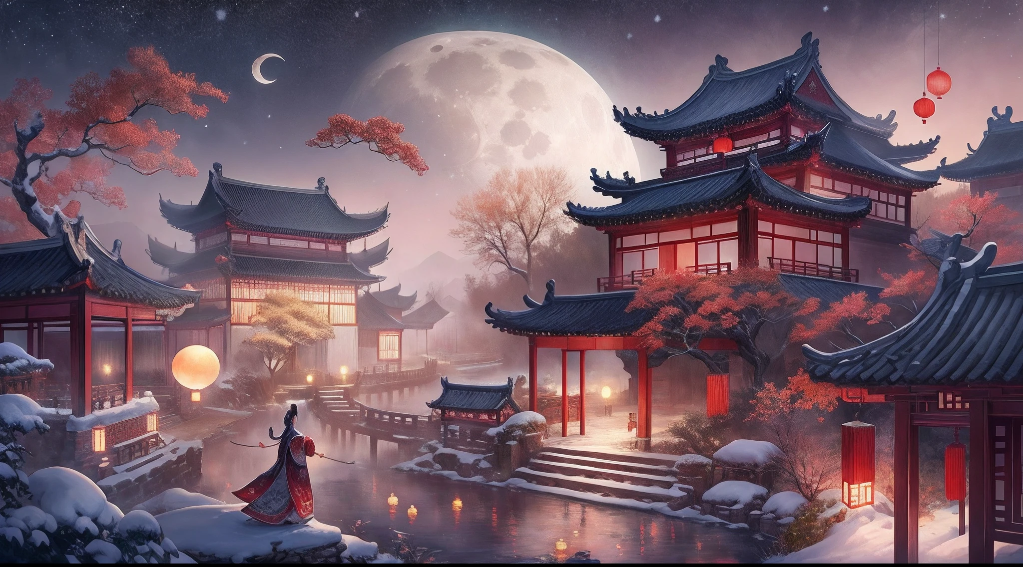 (Ancient Chinese beauties dancing:1.2),Surreal CG rendering ancient China,Jiangnan ancient buildings and ancient towns have Yaolin wonderland。the night,the huge moon:1.5,The stars are bright,The smoke is fascinating,Maple leaves and milk leaves are trees。snow landscape。k hd