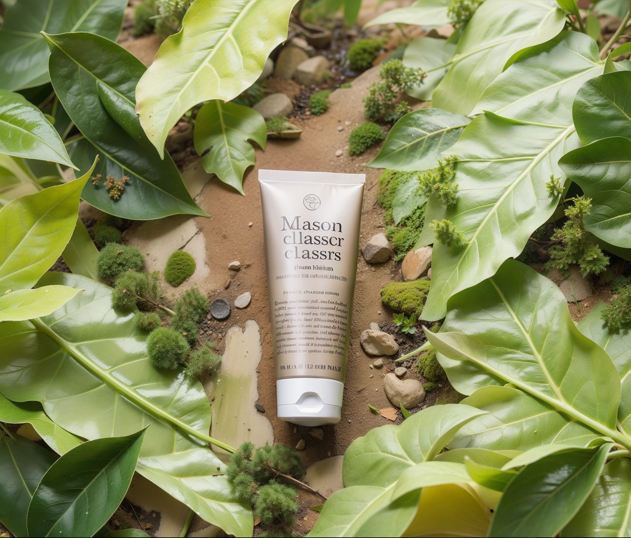 Picture of facial cleanser products，The background is leaves，and streams，moss