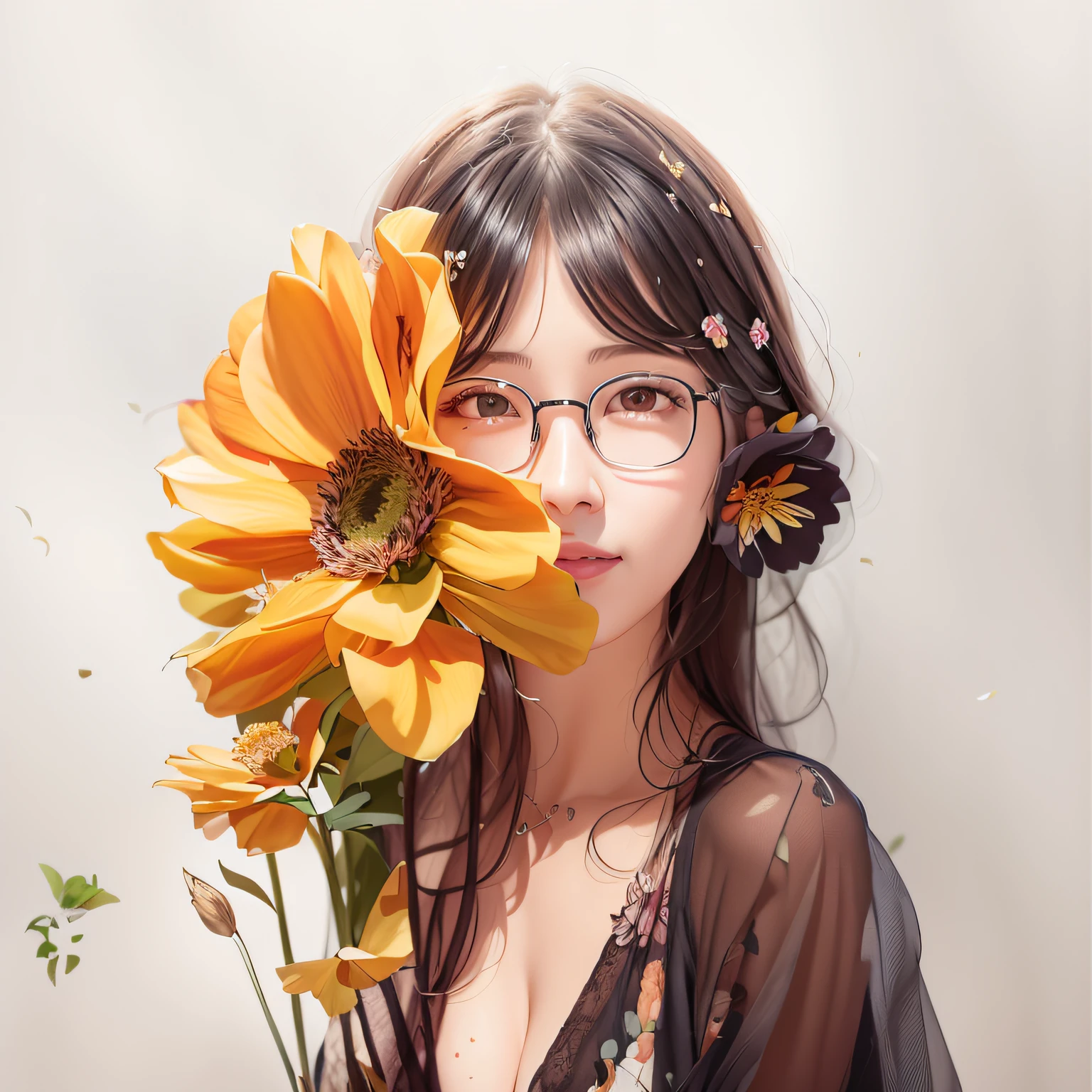 There was a woman with glasses holding a bouquet of flowers, Guviz-style artwork, With glasses, wearing thin large round glasses, Guviz, high quality portrait, female portrait with flowers, with square glasses, korean artist, By Li Song, With flowers, beautiful portrait image, Realistic. Cheng Yi, inspired by Yanjun Cheng