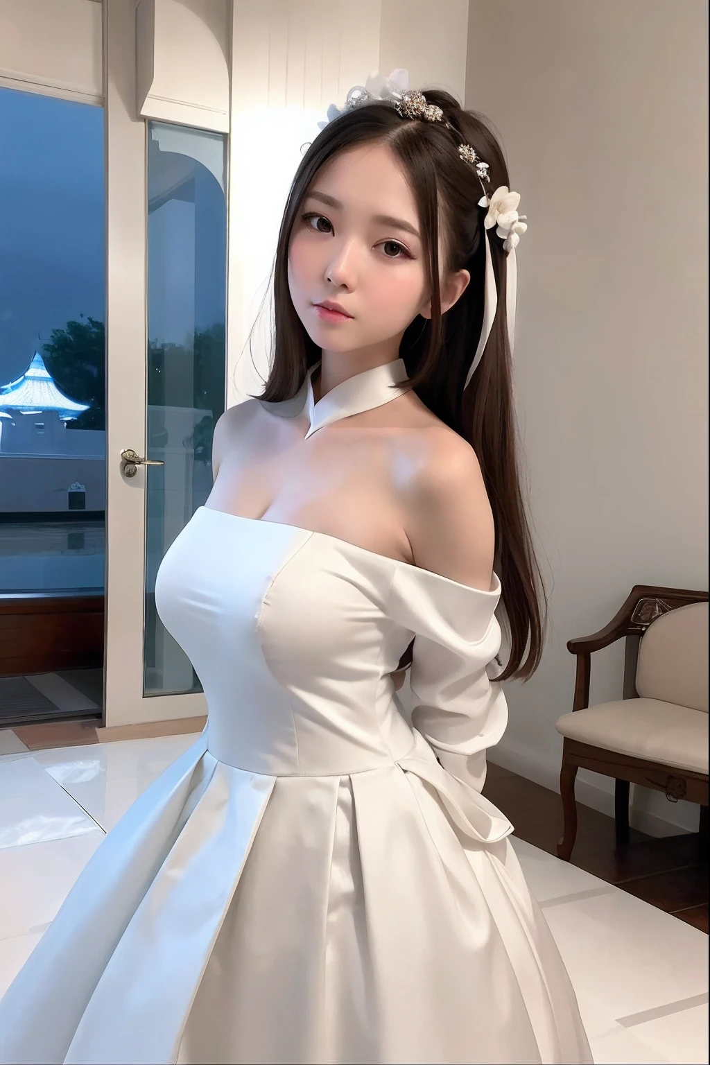 A close-up of a woman in a white dress posing for a photo, White Hanfu, smooth white tight clothes suit, pale milky white porcelain skin, White gown, Middle metaverse, gorgeous chinese models, cute elegant pose, loli in dress, white hime cut hairstyle, 8K)), dressed in a beautiful white, shaxi