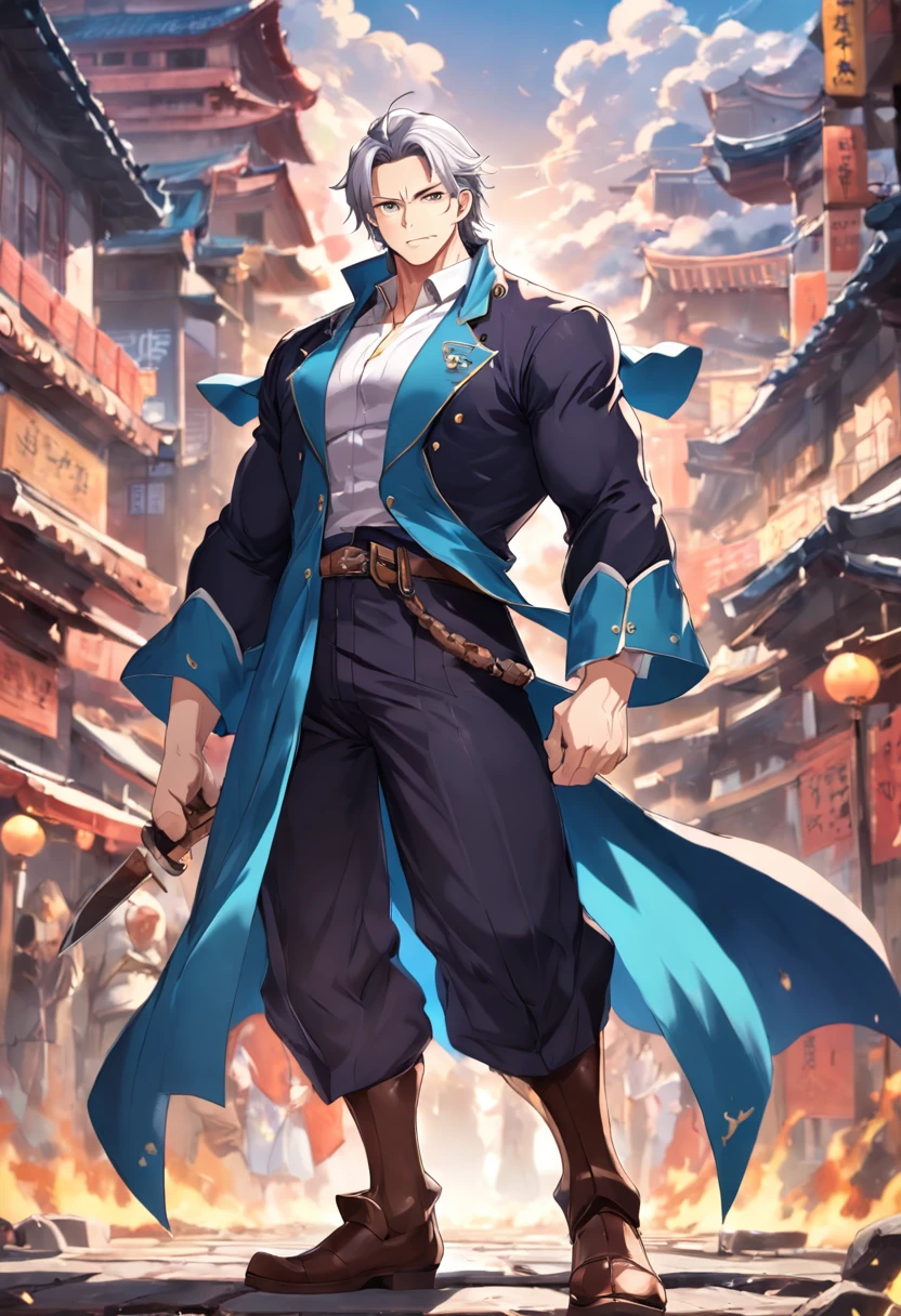 Uncle Jian Strong,Height 198cm,Weight 100kg,style of anime,The profession is a rough and majestic man who is an adventurer,35 years old mature and handsome,The face is full of masculinity and charm,Mature, reliable and attractive,Pleasant temperament,The eyebrows are soft,Gentle personality,Strong, burly,The physique is as tall as a mountain,The muscles of the abdomen are slightly fat,Golden eyes,Off-white hair,short detailed hair,Uncle with a broad face,Like a bear,Bear Man