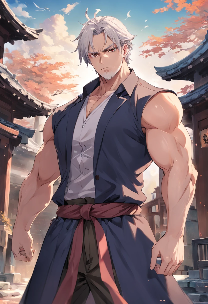 Hakata Gion Yamakasa Mikoshi (portable shrine), (Carrying the portable shrine) (a 16 yo, silver crew cut hair very short hair divine fighter boy, cool red eyes, serious face, sweaty), in a Festival Happi Coat, Loincloth, break, in the Hakata Gion Yamakasa festival venue, BREAK, perfect anatomy, masterpiece, best quality, 16k, beautiful detailed grow, daydreaming expression.