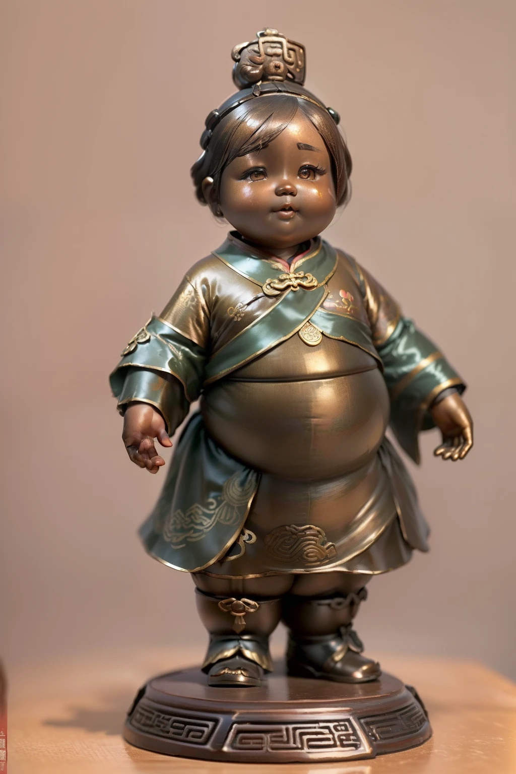 (((Chinese bronze worship anthropomorphism))),(((A cute and kind  girl，Beautiful facial features，Obese，One hand crosses the waist)))。Bronze decoration