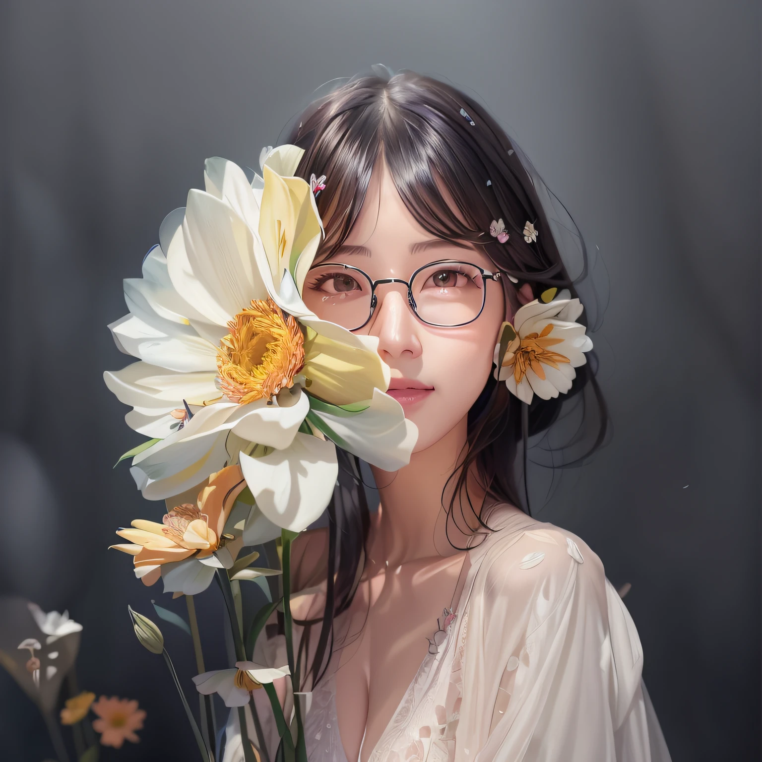 There was a woman with glasses holding a bouquet of flowers, Guviz-style artwork, With glasses, wearing thin large round glasses, Guviz, high quality portrait, female portrait with flowers, korean artist, with square glasses, By Li Song, With flowers, beautiful portrait image, Realistic. Cheng Yi, inspired by Yanjun Cheng