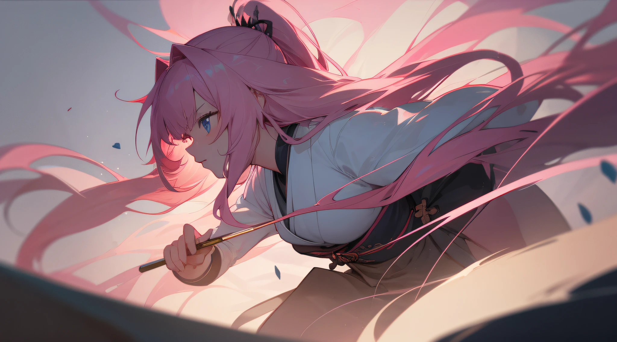 top-quality,Master Parts,超A high resolution,(depth of fields) , Professional Lighting, Physically-based rendering,perfect anatomia, Ultra extreme detail CG unit 8K wallpaper,Break Samurai,(Japan Alomul),鎖骨,(blue eyes),Semi-fechad_The eye ,double tails,(absurdly long hair),(messy floating pink hair),The large_breastsout,Head Chute, Side view,Face profile