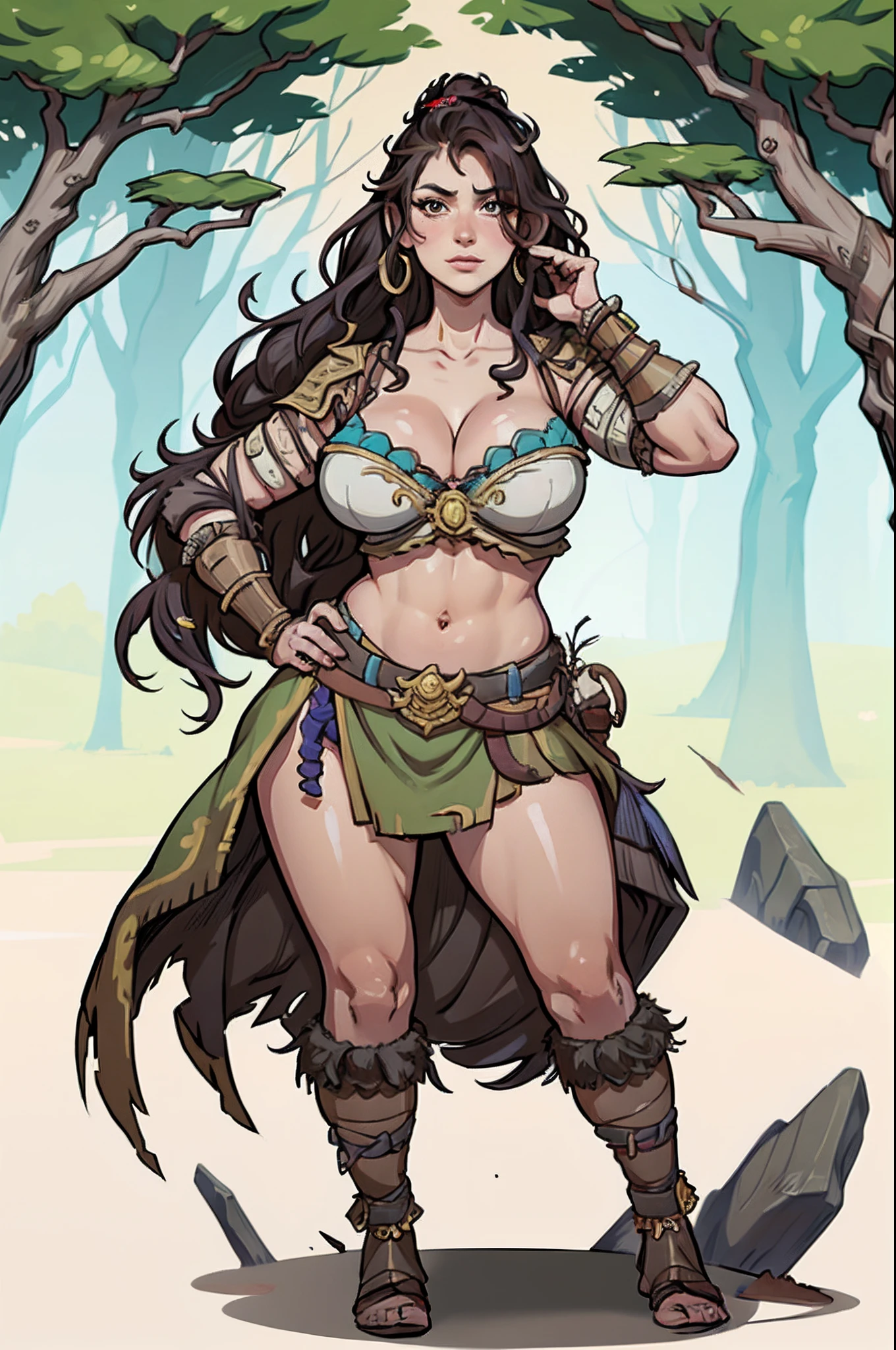 1个Giant Breast Girl、独奏,full bodyesbian,Barbarians,standing on your feet,forest backgrou,Magical fantasy design,character concept design,Beautiful face and eyes,tmasterpiece,best qualtiy,Best resolution,high definition detail