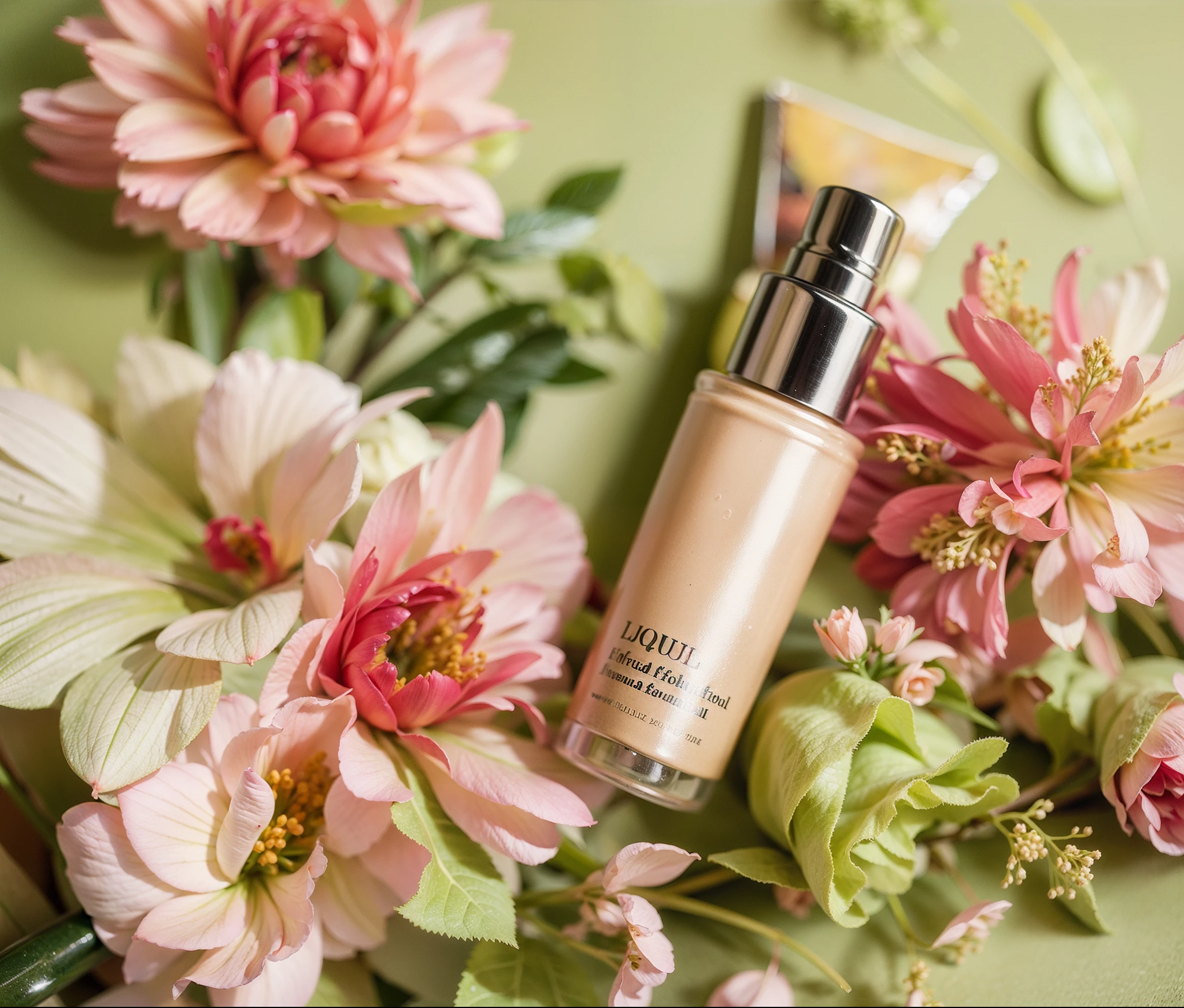 A bottle of liquid foundation product picture,A bottle of liquid foundation is placed in the flowers