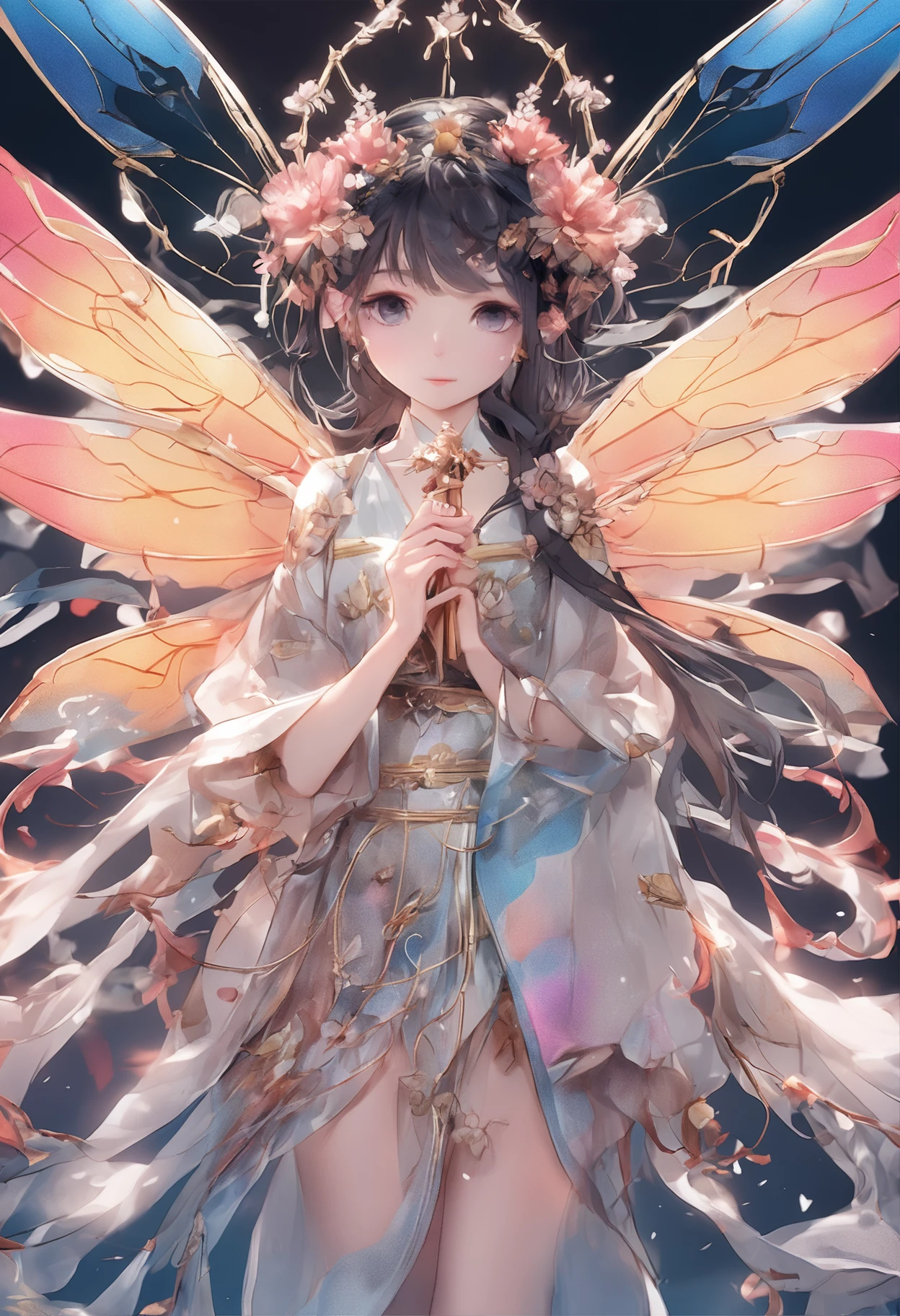 Flower Fairy, Transparent and colorful wings, magic wands,china style,8K,Lightmature style,The eyes are depressive,Anatomical details