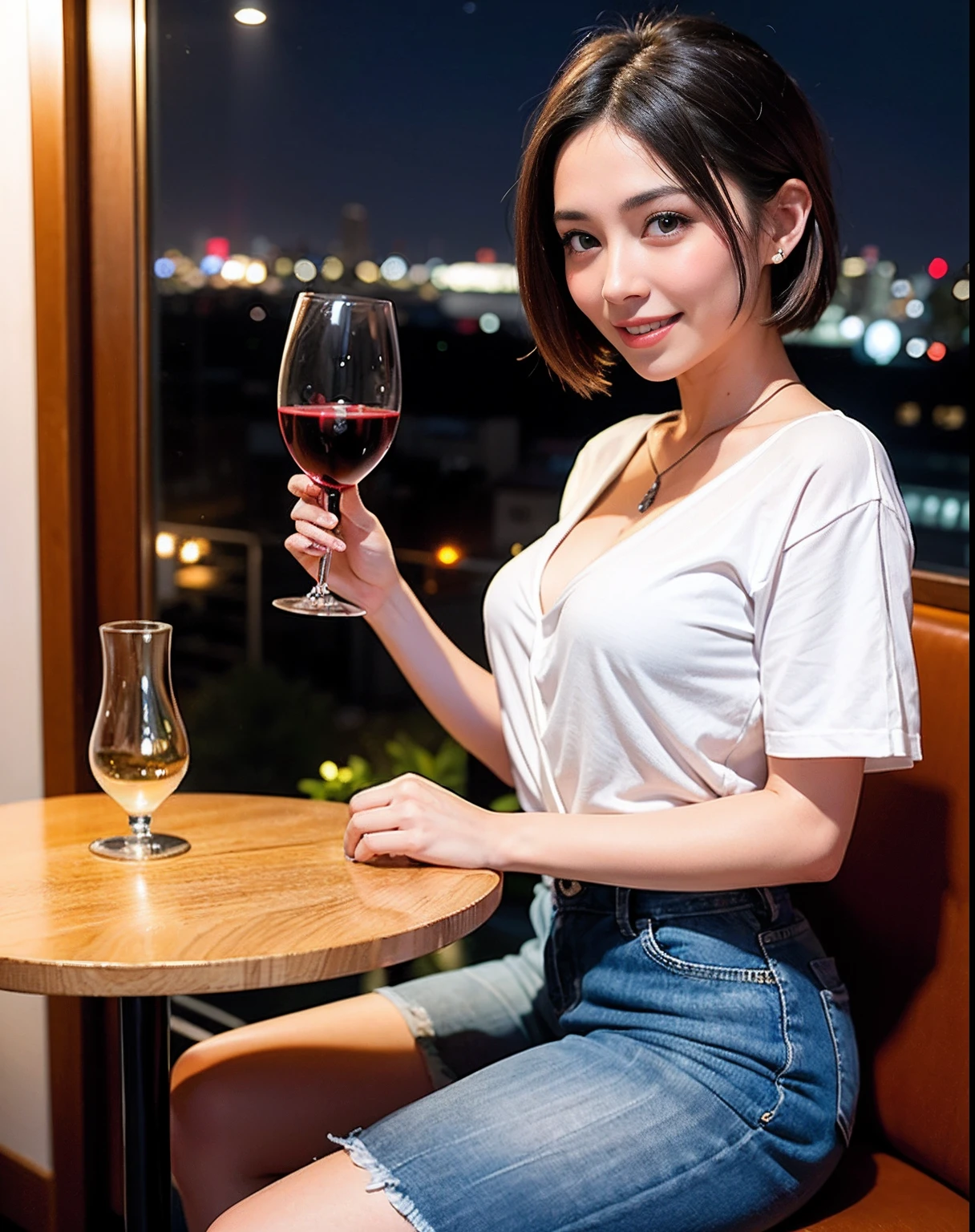 (64K, UHD, top quality, masterpiece: 1.2), (realistic, photorealistic: 1.37), super detailed, pretty woman 1 person, (slim face), (slim body), (brown hair), (short cut), cheeks slightly blushing, (44 years old), 38 years old, solo, beautiful detailed urban night view outside the window, restaurant, wine glasses sit, at night, in a prominent placeNovaFrogStyle, Actress, Model, Waist Up, White Wine, Slim, Wine Glass, Super Clean Night View, Wine Glass Put in the Middle, Happy Smile, (Smile: 1.15), Beautiful Fine Eyes, Upper Body, Bust Japan Up, Night, Short, Short, Actress, Model, Waist Up, White Wine, Slim, Wine Glass, Super Clean Night View, Wine Glass Put in the Middle, Happy Smile,