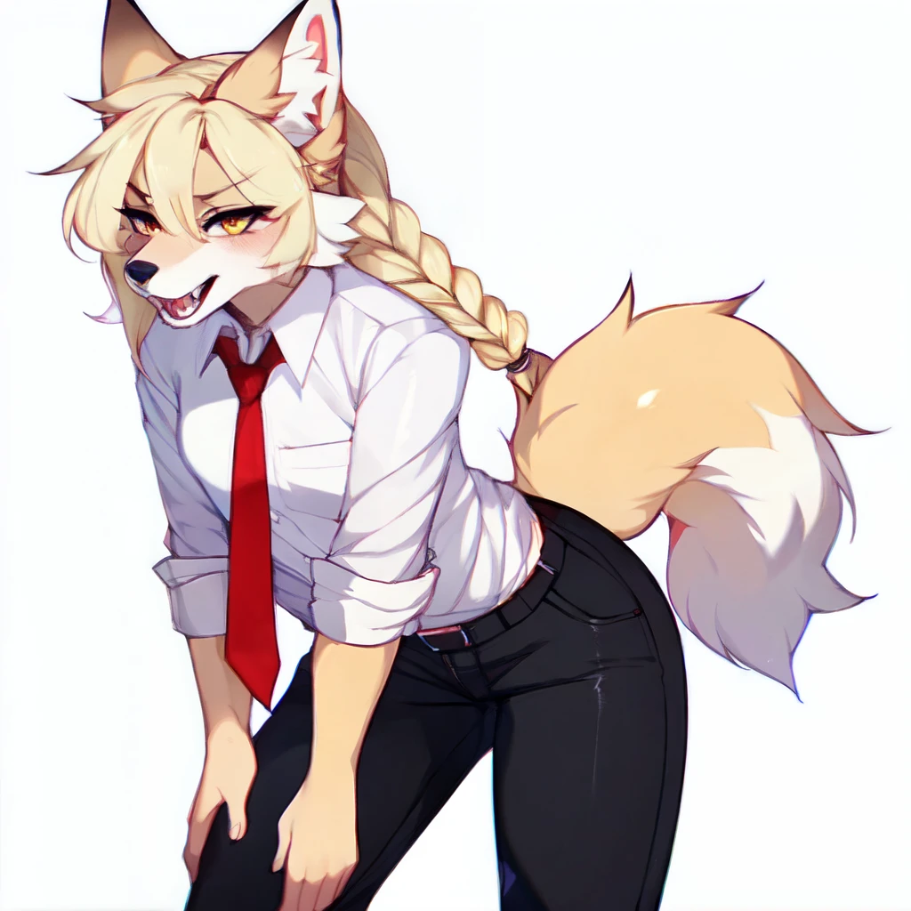 (By hyattlen, by fumiko, by claweddrip):1.2, solo, (tan fox girl), female, fluffy tan ears, (tan_body:1.1), black nose, yellow eyes, cute snout, fluffy blonde tail, white tail tip, long blonde french braided hair, visible fangs, grinning, devious, big wide mouth, large sharp canine teeth, angry eyes, detailed eyes, small breasts, wearing white button up shirt, red tie, naked ass, pink pussy, cum, combat boots, standing, neutral pose, no background, white background, close up, nice hands, good anatomy, masterpiece