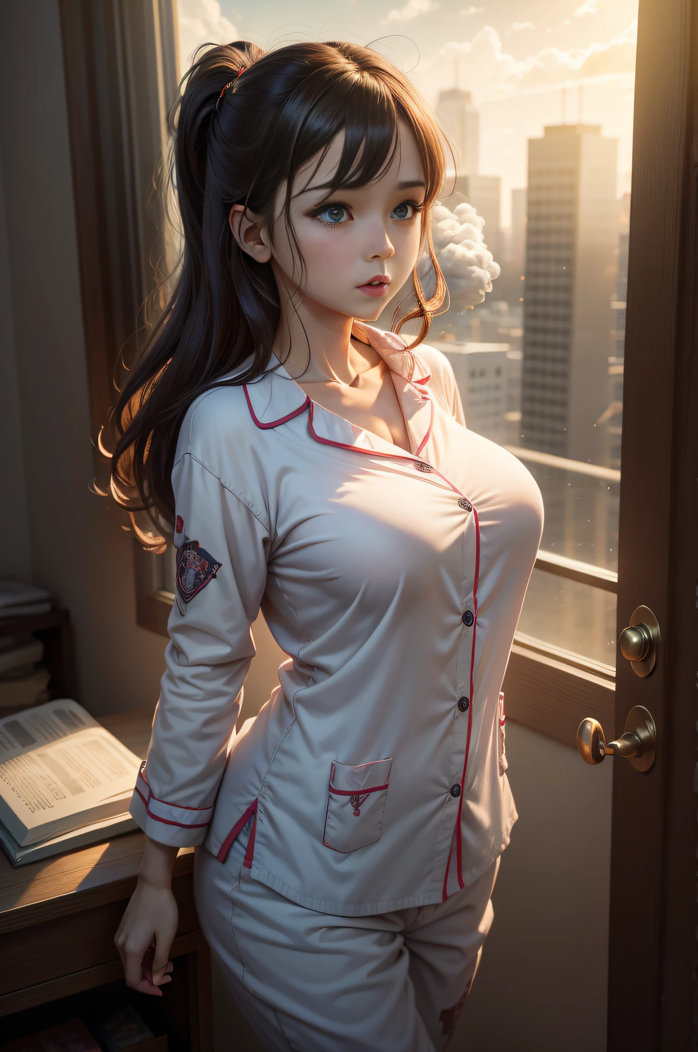 Sleeping Girl, 20 years old, Realistic,Wearing a stewardess uniform,Open legs, Expressions of satisfaction and relief, Brown hair. Pink bed theme and some cute stuffed animals on the bed,An ultra-high picture quality,high-detail,Get up,