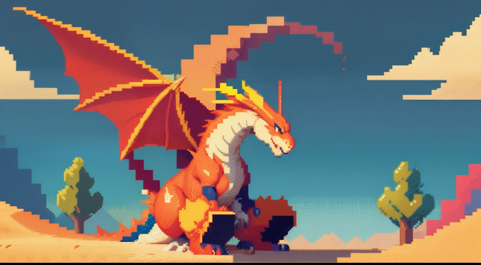 Pixel image of a dragon, A desert，blue-sky，baiyun，depth of fields，Dragon pixel art, 1 0 0 0 x 1 0 0 0 pixel art, pixel art sprite, videogame sprite, high quality pixel art, Pixel art vintage Digimon bitmap, For red and blue Digimon，Pixel uh, 32-bit pixel art, pixel art 8 - bit, pixelart style，Colors are vivid and highly saturated