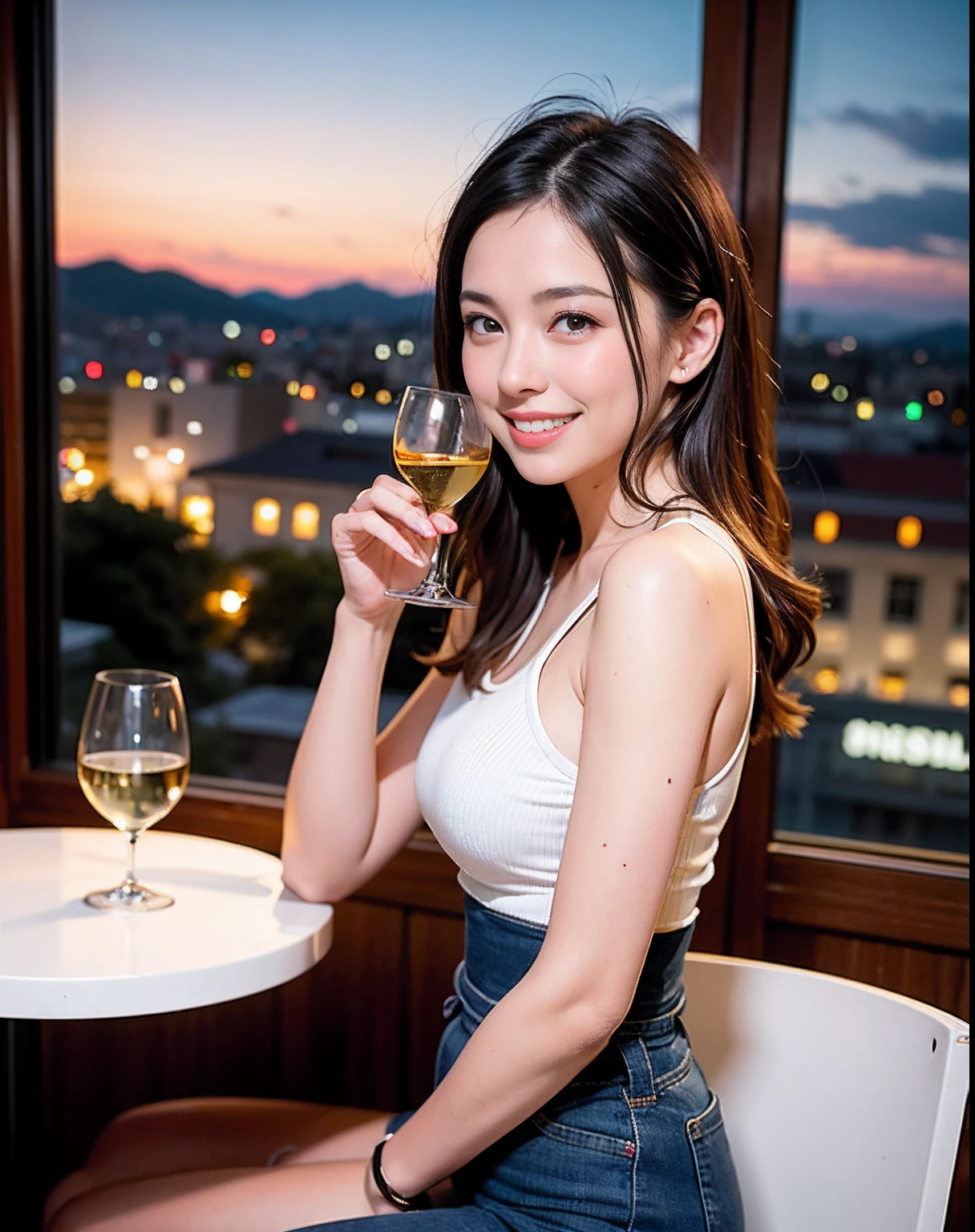 (64K, UHD, top quality, masterpiece: 1.2), (realistic, photorealistic: 1.37), super detailed, pretty woman 1 person, (slim face), (slim body), (brown hair), (short cut), cheeks slightly blushing, (44 years old), 38 years old, solo, beautiful detailed urban night view outside the window, restaurant, wine glasses sit, at night, in a prominent placeNovaFrogStyle, Actress, Model, Waist Up, White Wine, Slim, Wine Glass, Super Clean Night View, Wine Glass Put in the Middle, Happy Smile, (Smile: 1.15), Beautiful Fine Eyes, Upper Body, Bust Japan Up, Night, Short, Short, Actress, Model, Waist Up, White Wine, Slim, Wine Glass, Super Clean Night View, Wine Glass Put in the Middle, Happy Smile,
