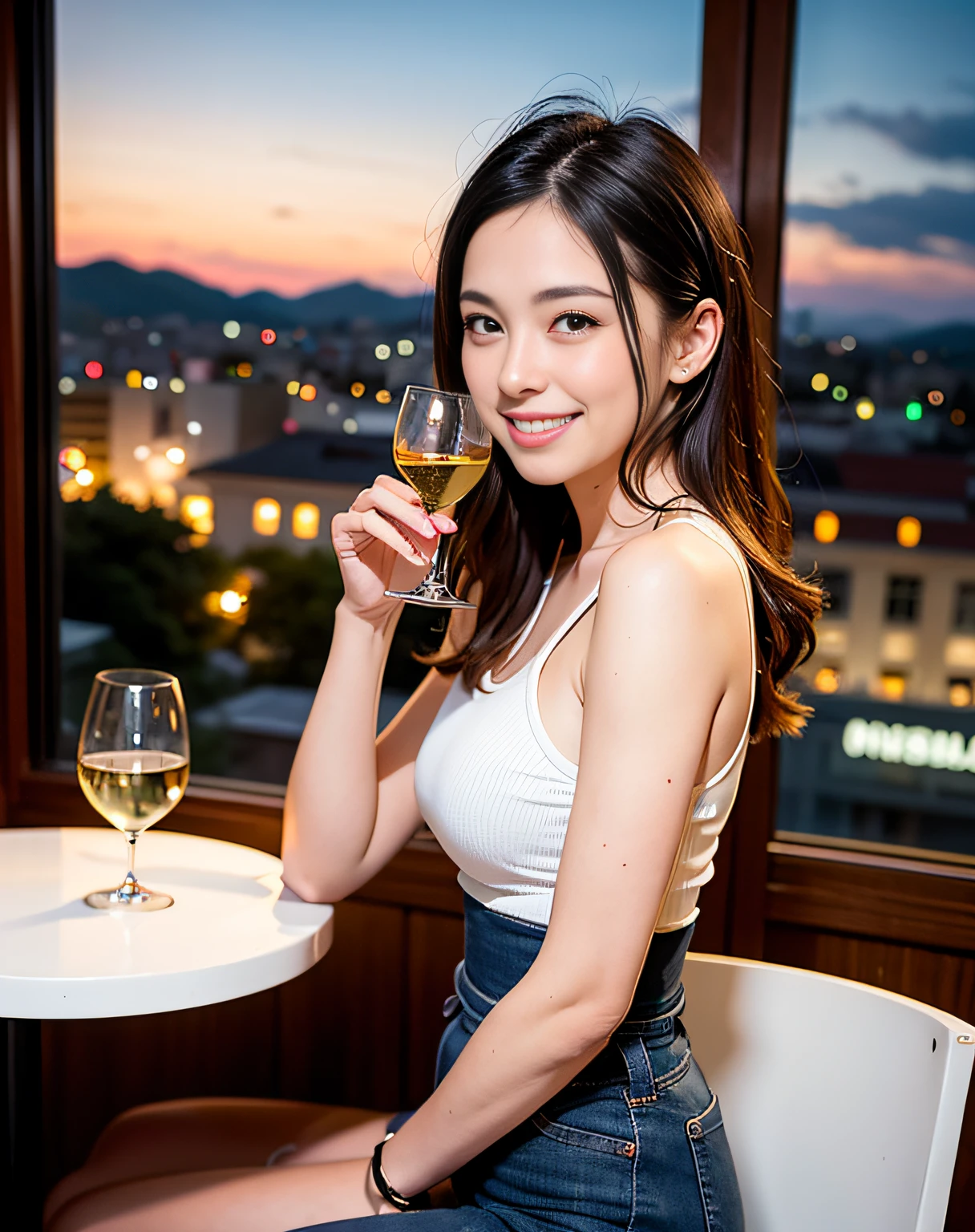 (64K, UHD, top quality, masterpiece: 1.2), (realistic, photorealistic: 1.37), super detailed, pretty woman 1 person, (slim face), (slim body), (brown hair), (short cut), cheeks slightly blushing, (44 years old), 38 years old, solo, beautiful detailed urban night view outside the window, restaurant, wine glasses sit, at night, in a prominent placeNovaFrogStyle, Actress, Model, Waist Up, White Wine, Slim, Wine Glass, Super Clean Night View, Wine Glass Put in the Middle, Happy Smile, (Smile: 1.15), Beautiful Fine Eyes, Upper Body, Bust Japan Up, Night, Short, Short, Actress, Model, Waist Up, White Wine, Slim, Wine Glass, Super Clean Night View, Wine Glass Put in the Middle, Happy Smile,