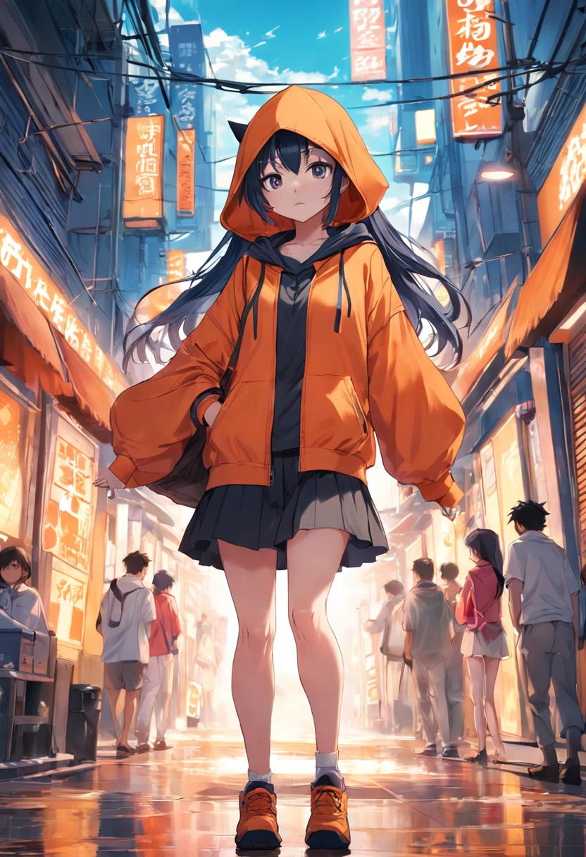 buatkan gambar denga konspe wanita dengan hood kebuka , mengunakan celana pendek, ,sedang minuman orange juice dalam kotak , , background gedung hancur, dengan gaya anime 90an, dengan tone warna monokrom