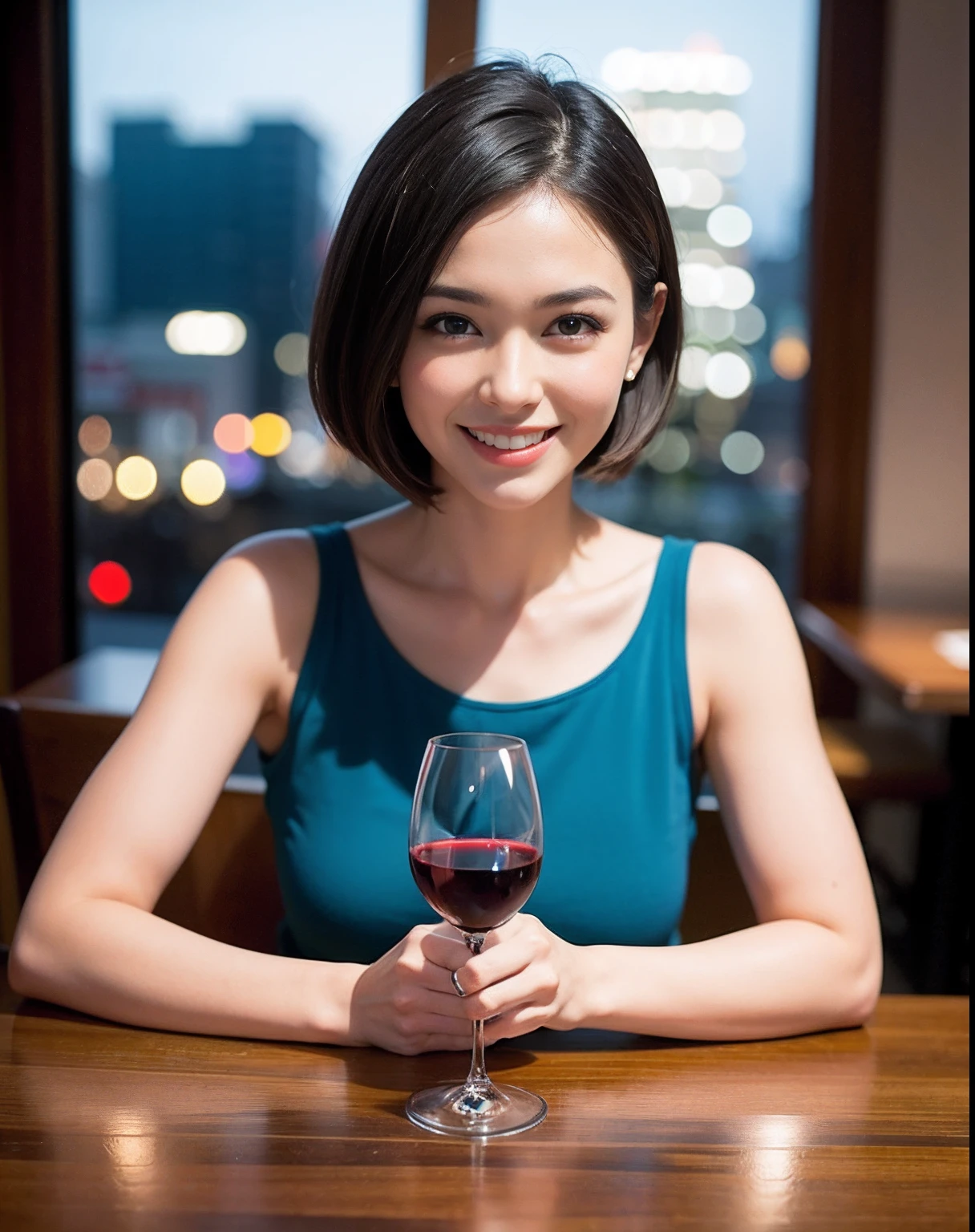 (64K, UHD, top quality, masterpiece: 1.2), (realistic, photorealistic: 1.37), super detailed, pretty woman 1 person, (slim face), (slim body), (brown hair), (short cut), cheeks slightly blushing, (44 years old), 38 years old, solo, beautiful detailed urban night view outside the window, restaurant, wine glasses sit, at night, in a prominent placeNovaFrogStyle, Actress, Model, Waist Up, White Wine, Slim, Wine Glass, Super Clean Night View, Wine Glass Put in the Middle, Happy Smile, (Smile: 1.15), Beautiful Fine Eyes, Upper Body, Bust Japan Up, Night, Short, Short, Actress, Model, Waist Up, White Wine, Slim, Wine Glass, Super Clean Night View, Wine Glass Put in the Middle, Happy Smile,