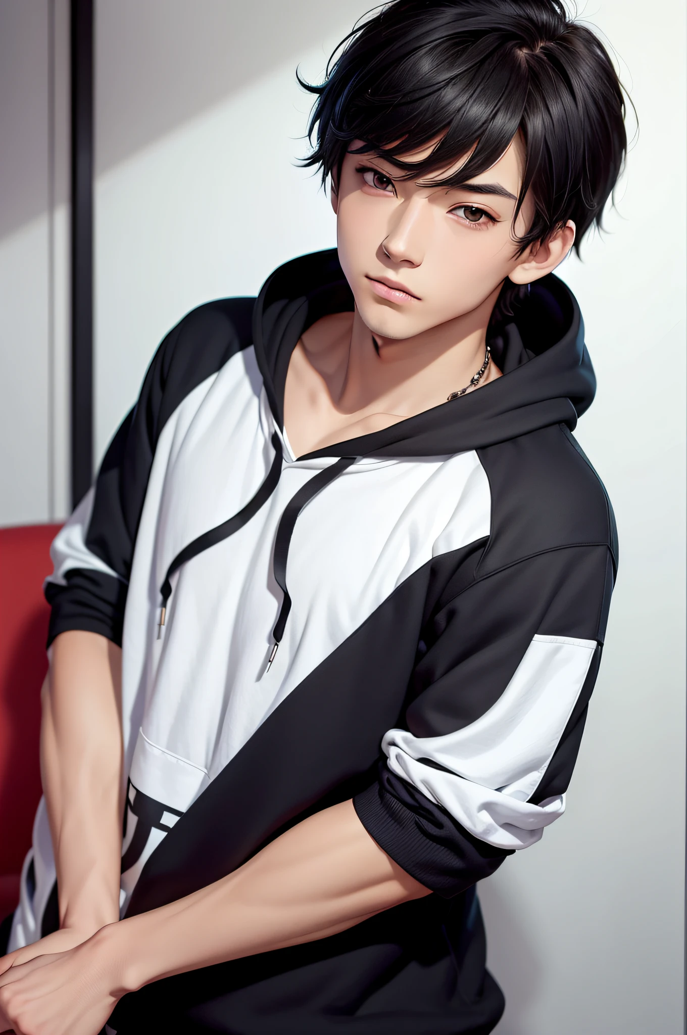 masutepiece, Best Quality, High quality, 1boy, Solo, Male Focus, Looking at Viewer, Upper body, hunt_we_No_pure, Black hair, Black eyes, , Hoodie