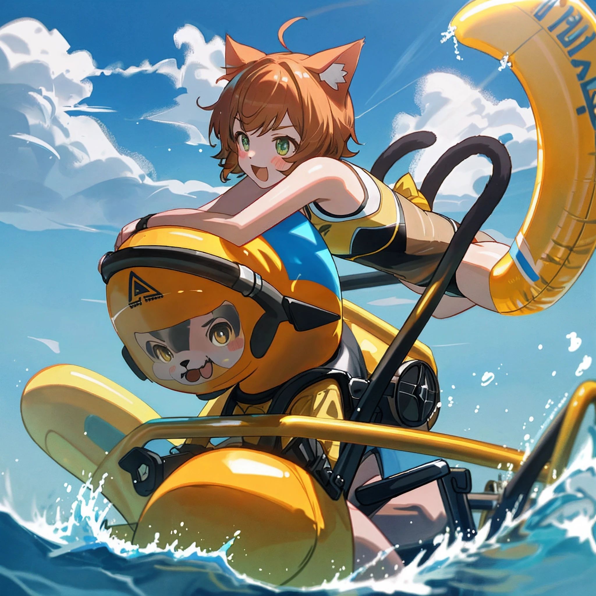 A beautiful young girl is flying over the beach on the back of a giant hornet.
