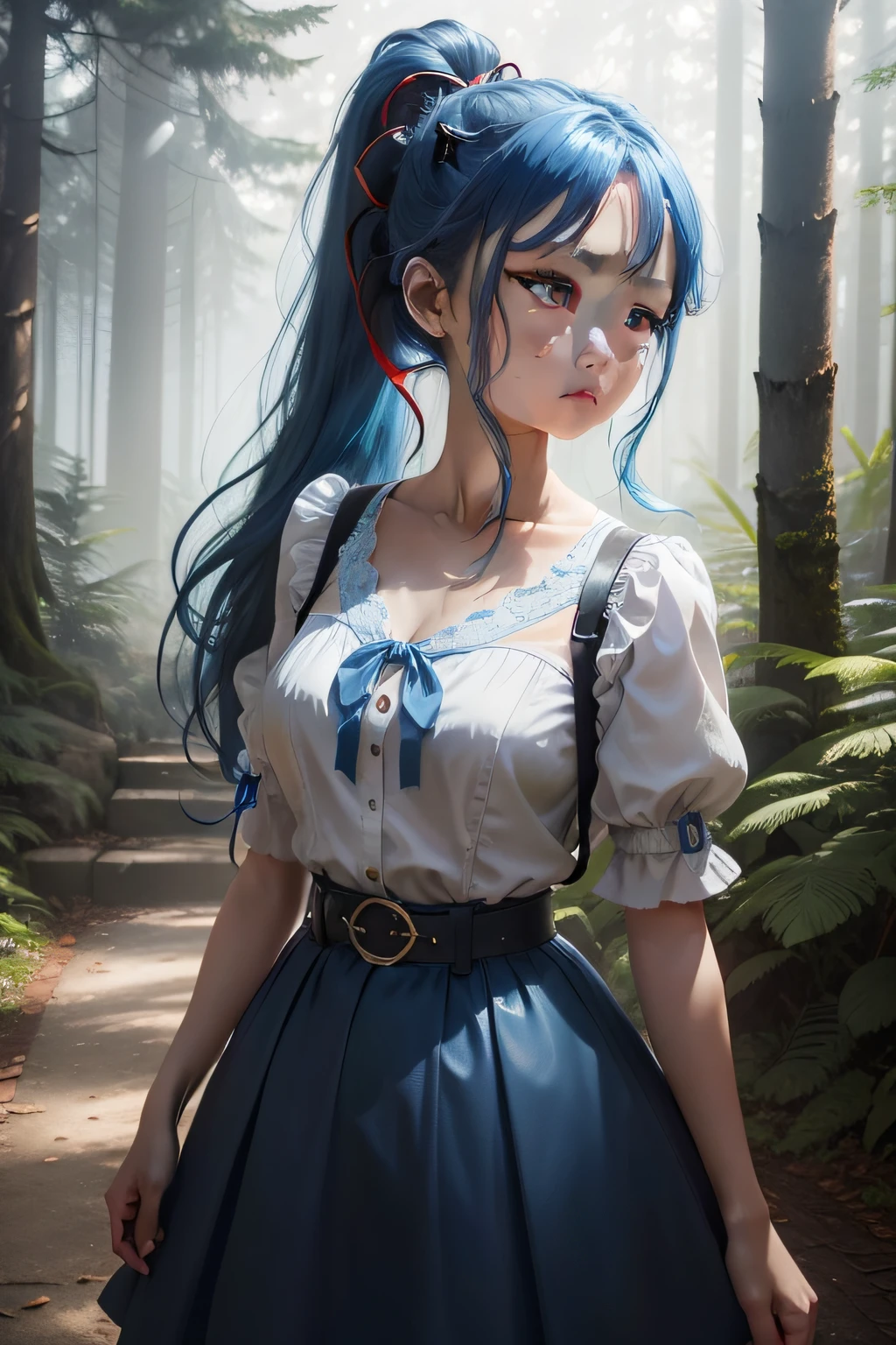 A blue-haired girl standing in the forest,She wears a double ponytail,There is a rubber band with red hearts and black lightning on his head,A pair of dark blue eyes looked firmly into the distance,Accompanied by tear moles at the corners of the eyes。Her blouse is a V-neck,There is a heart in the upper right corner of the clothes,The arms are wearing white sleeves。There's a belt with a white bow hanging from it。Wearing a sky blue dress。Hold a bow in your right hand,Hold an arrow in your left hand,There is a heart at the upper end of the arrow,There is lightning at the lower end