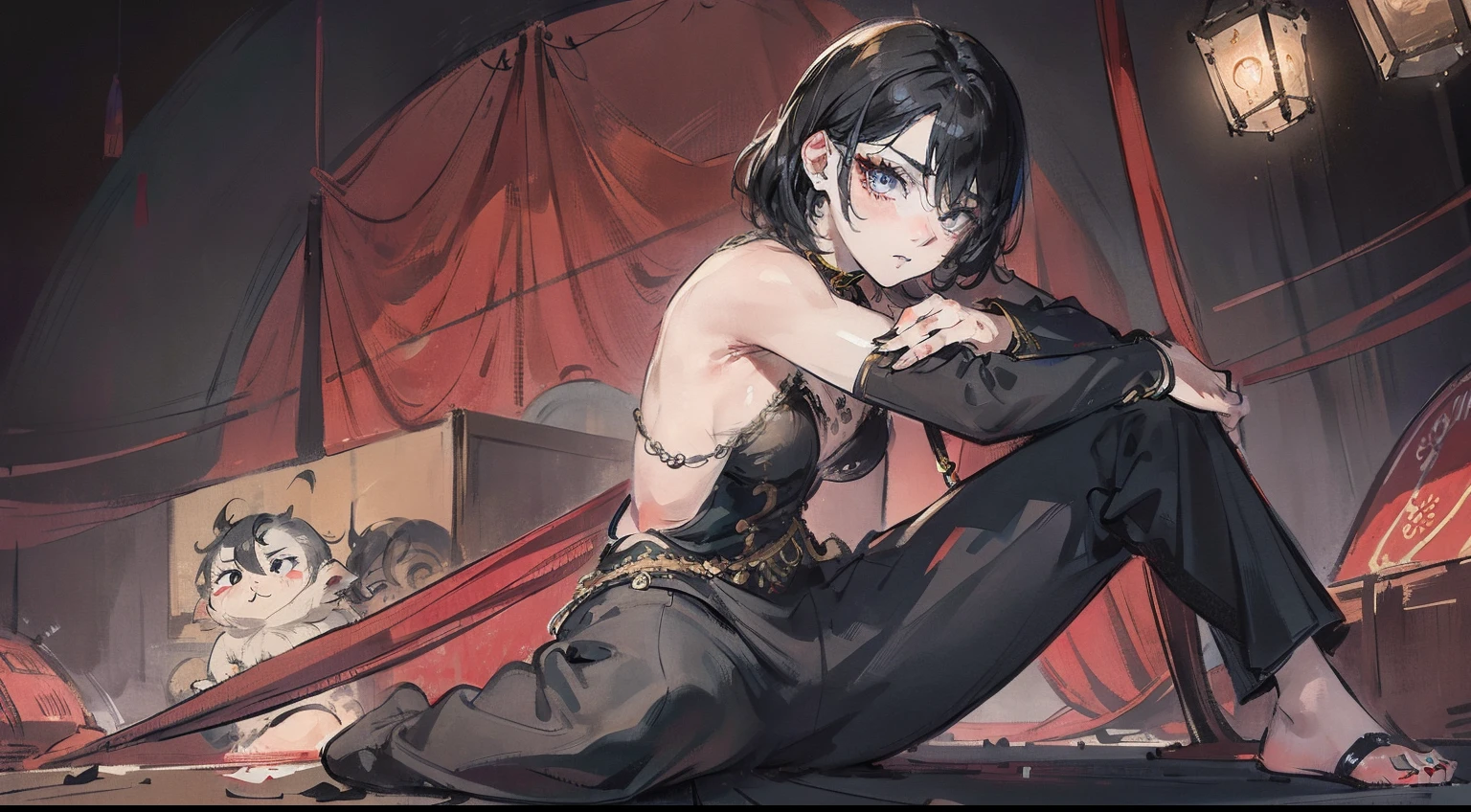 ((best quality)), ((highly detailed)), masterpiece, absurdres, extremely detailed face, beautiful face, (detailed eyes, deep eyes), <lora:more_details:.5>, (1girl), from above, bird's-eye view, dynamic pose, full body, (((very wide shot))), <lora:bleach_soifon:1>, soifon, small breasts, japanese clothes, sideboob, hip vent, detached sleeves, bare shoulders, fighting stance, (indoors, in a casino)