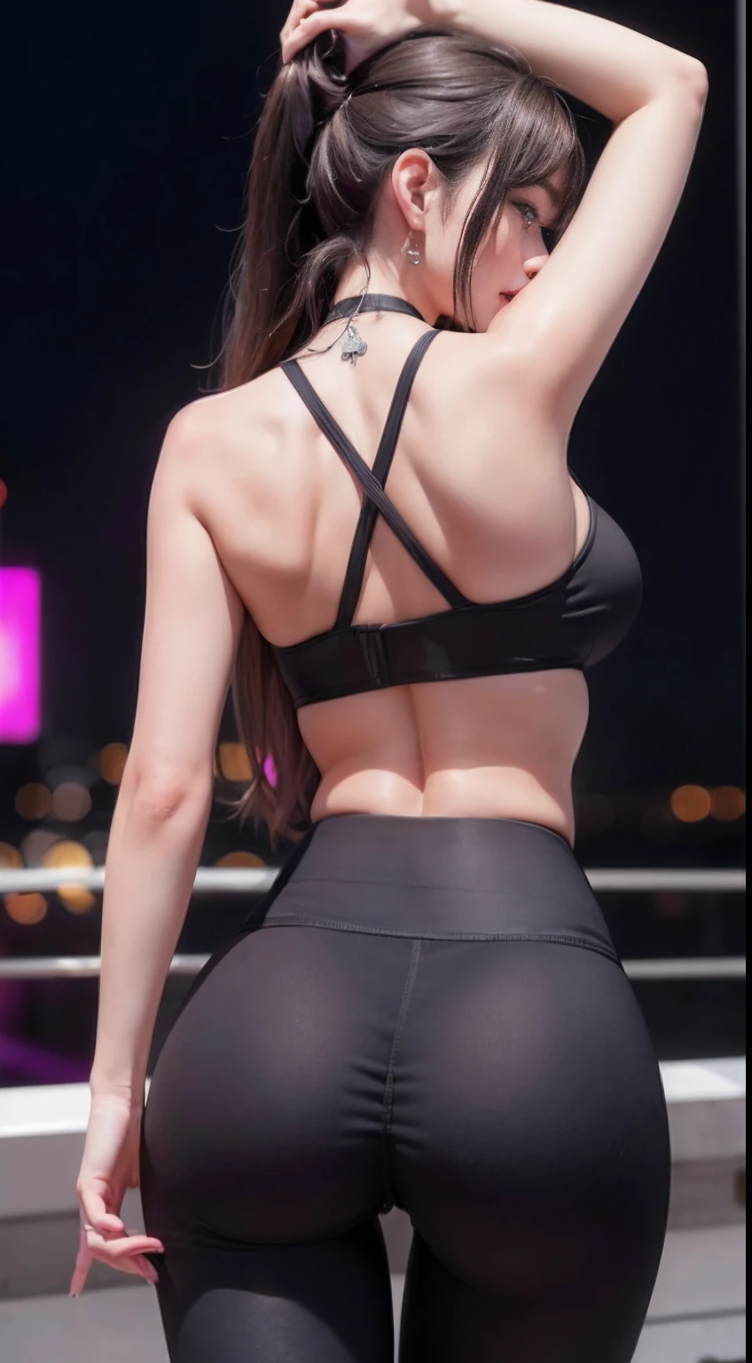 8K, Masterpiece, RAW photo, Best quality, Photorealistic, Extremely detailed CG unifies 8K, 8K, Diamond, and Wallpaper, Depth of field, Cinematic light, Lens flare, Ray tracing, (Extremely beautiful face, Beautiful lips, Beautiful eyes), intricate detail face, ((ultra detailed skin)) 1girll, In the dark, deepshadow, Pretty Korean girl, Kpop idol, 1 girl, (Very slim and slender muscular body:1.3), ((view the viewer)),(Big smile:1.3), (Tight lace-up blouse), (Pink shirt), (Sleeveless) , (Fashion night, Dark night, (neon lights sign), (Blurred background), Fashion Street Night),(No one is in the background:1.3), Beautiful earrings, bangle, necklace, Pantyhose, Clear eyes, (Pale skin), (Big eyes), Face forward, ((upperbody shots)), ((Yoga pants for:1.3)),(brown hairs),((Tight Yoga Pants)), (see through), (view the viewer:1.3) ,Very slim, Medium breasts, Turn Back, Peach buttocks,Back shot, ((see through)), underwear, Turn Back, ((Back shot)),Tight yoga attire,Big buttocks,Peach buttocks,