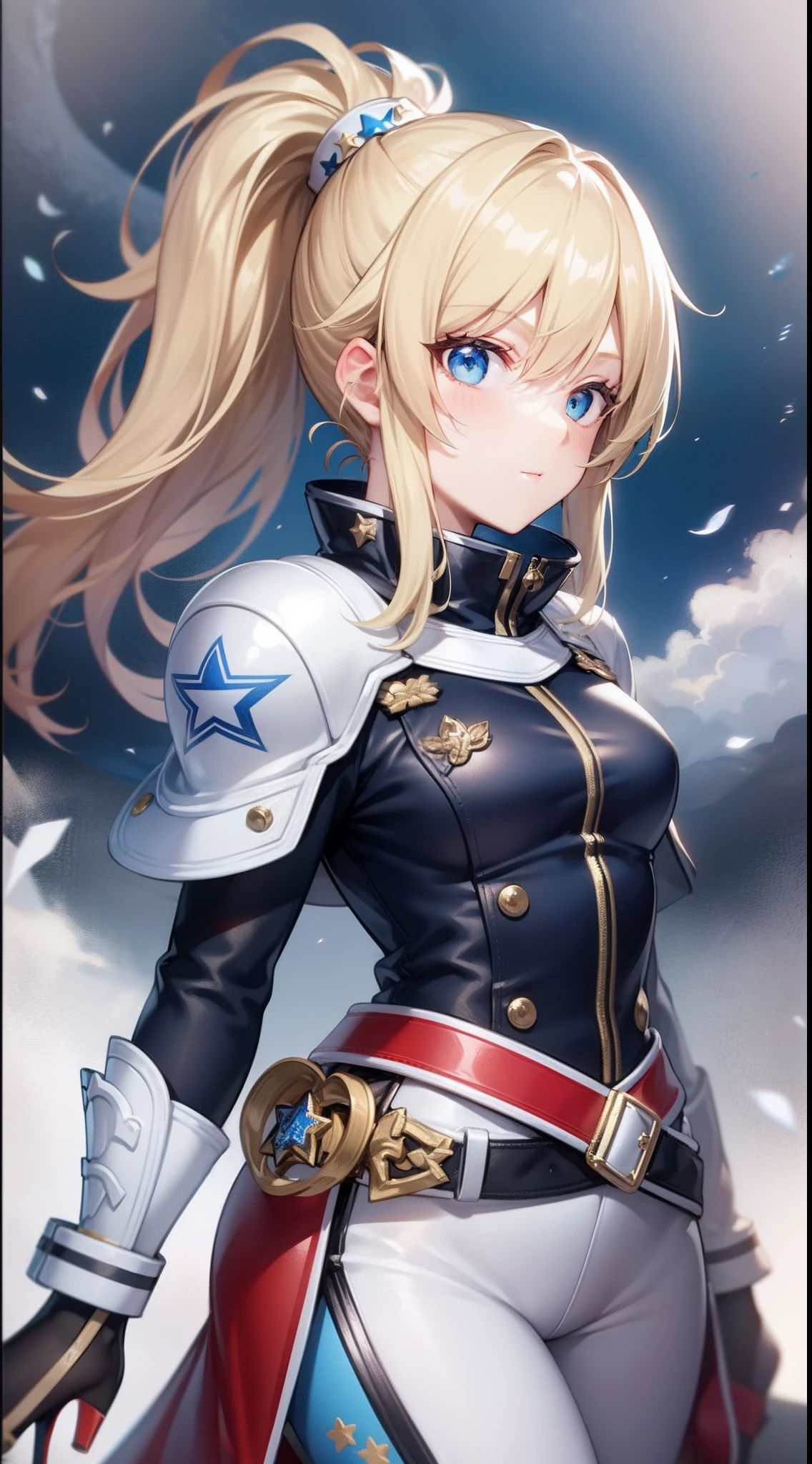 Blonde single ponytail,eBlue eyes,white helmet,There is a blue star on the helmet,Red shoes,Blue and white color matching clothes,best qualtiy,4k画质,Highest image quality