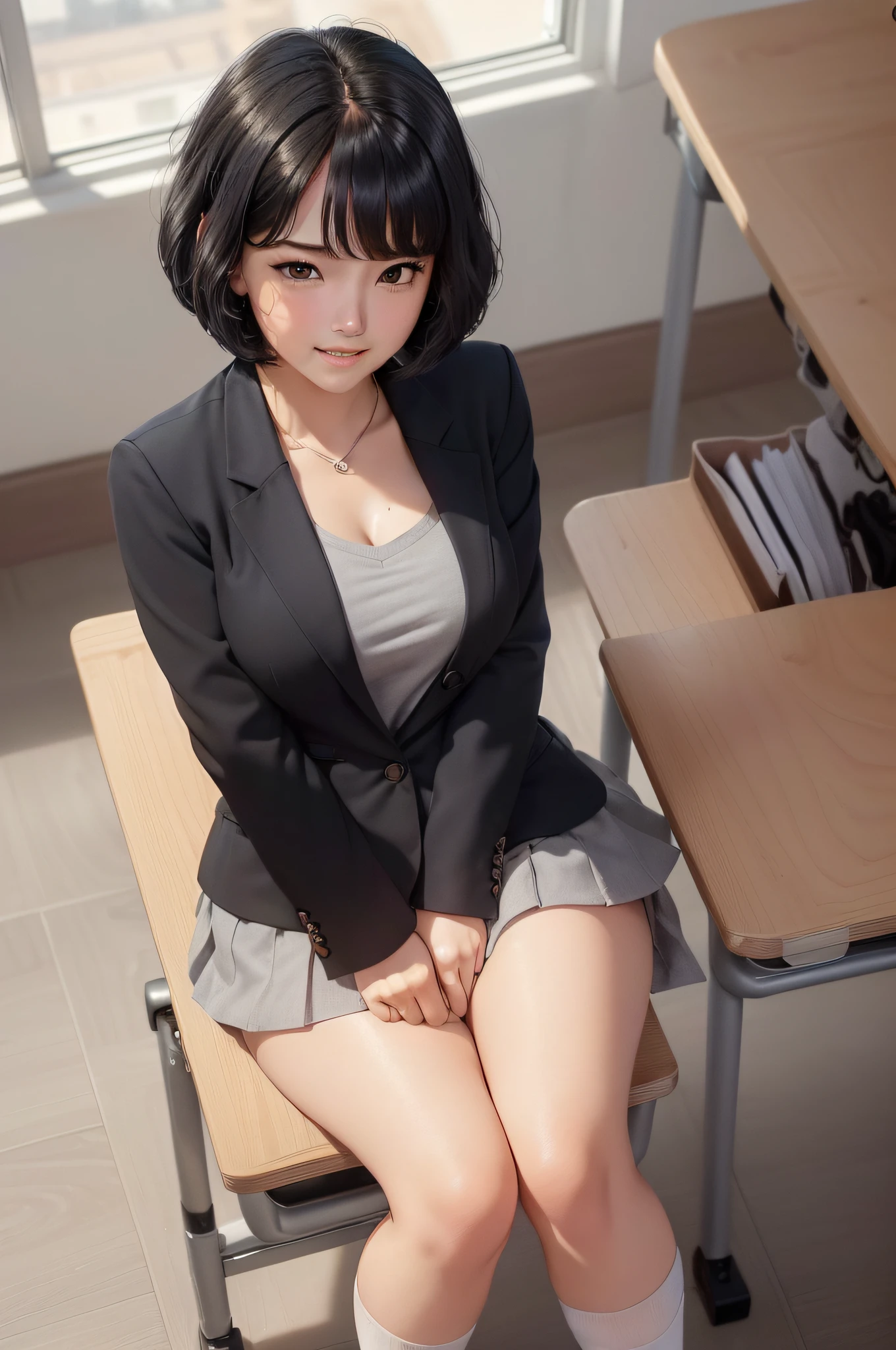 ((8k, RAW photos, top quality, masterpieces), high-definition RAW color photos professional close-up photos, (realistic, photorealism: 1.37), (highest quality), (best shadows), (best illustrations), collarbones ((big)), ((erotic, sexy, ultra high resolution, high-definition CG unified 8K wallpapers, physically based rendering, movie lighting), (aegyo sal:1), 18 year old girl, (grey blazer, ribbon, socks, high school uniform: 1.2), high school classroom, beautiful detail eyes, light on the face, ((full body shot: 1.2)), especially strong light, (upper eyes, grinning smile:1.2),shiny skin, (((black hair, bob hair:1.2))), ( thick thighs), ulzzang-6500-v1.1:0.2, shy, (flash:1.2), NSFW , (puffy), ((seductive posture: 1.2, attractive: 1.2)), (idle), (sitting at a desk in classroom: 1.2)), ((good anatomy: 1.2)), ((bright and refreshing classroom, background blurred: 1.2)), perfect face, cute face, (high angle shot:1.2)