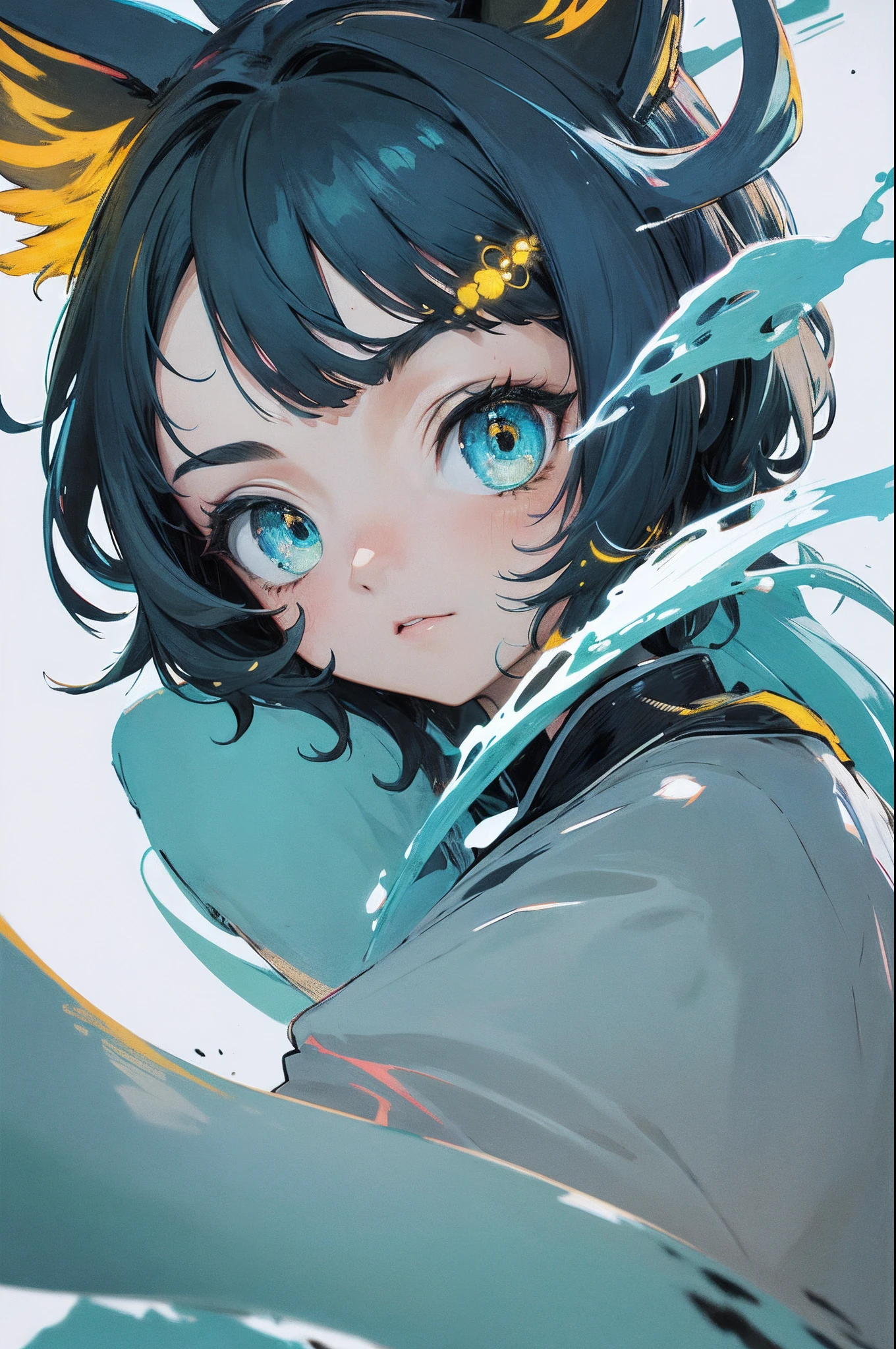 master part, best quality, ultra high-resolution, um gato bonito, Beautiful, visualmente deslumbrante, elegante, incredible details, pintura premiada, alto contraste, arte vetorial, arte de linha, Splatter, cor plana, gradiente de mesclagem de cores, (gatinho:0.7), (tema branco escuro:1.2), n3on, brilhante, neon light, (Felpudo:1.2), Cartola, olhos de gato, Serious, Indigo