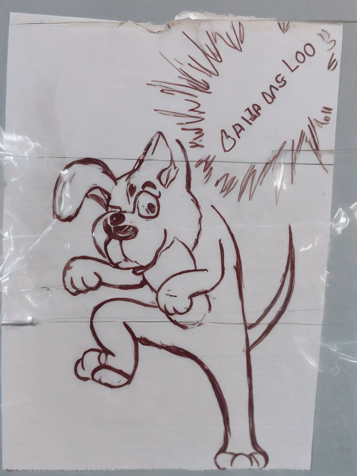 Arafed drawing of a dog with a sign on it, desenhado em papel manteiga branco, Assunto: cane, catdog, anthropomorphic dog, hand drawn cartoon, representando um corgi feito de fogo, Desenhos animados, cuidadosamente desenhado, anthropomorphic dog eating, Directed by: Warren Mahy, tinta na nota post it, dog as a god