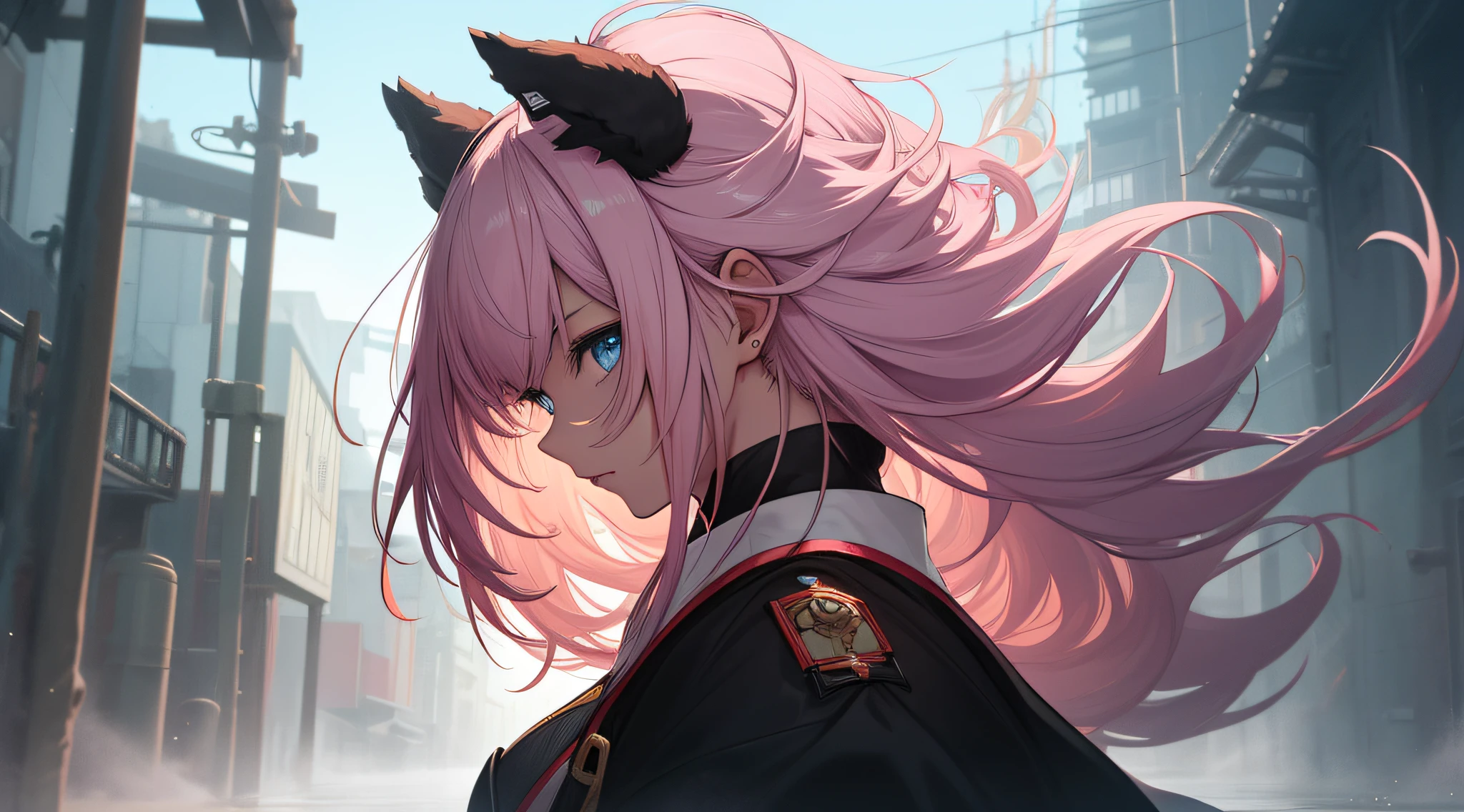 top-quality,Master Parts,超A high resolution,(depth of fields) , Professional Lighting, Physically-based rendering,perfect anatomia, Ultra extreme detail CG unit 8K wallpaper,Break Samurai,(Japan Alomul),鎖骨,(blue eyes),Semi-fechad_The eye ,double tails,(absurdly long hair),(messy floating pink hair),The large_breastsout,Head Chute, Side view,Face profile