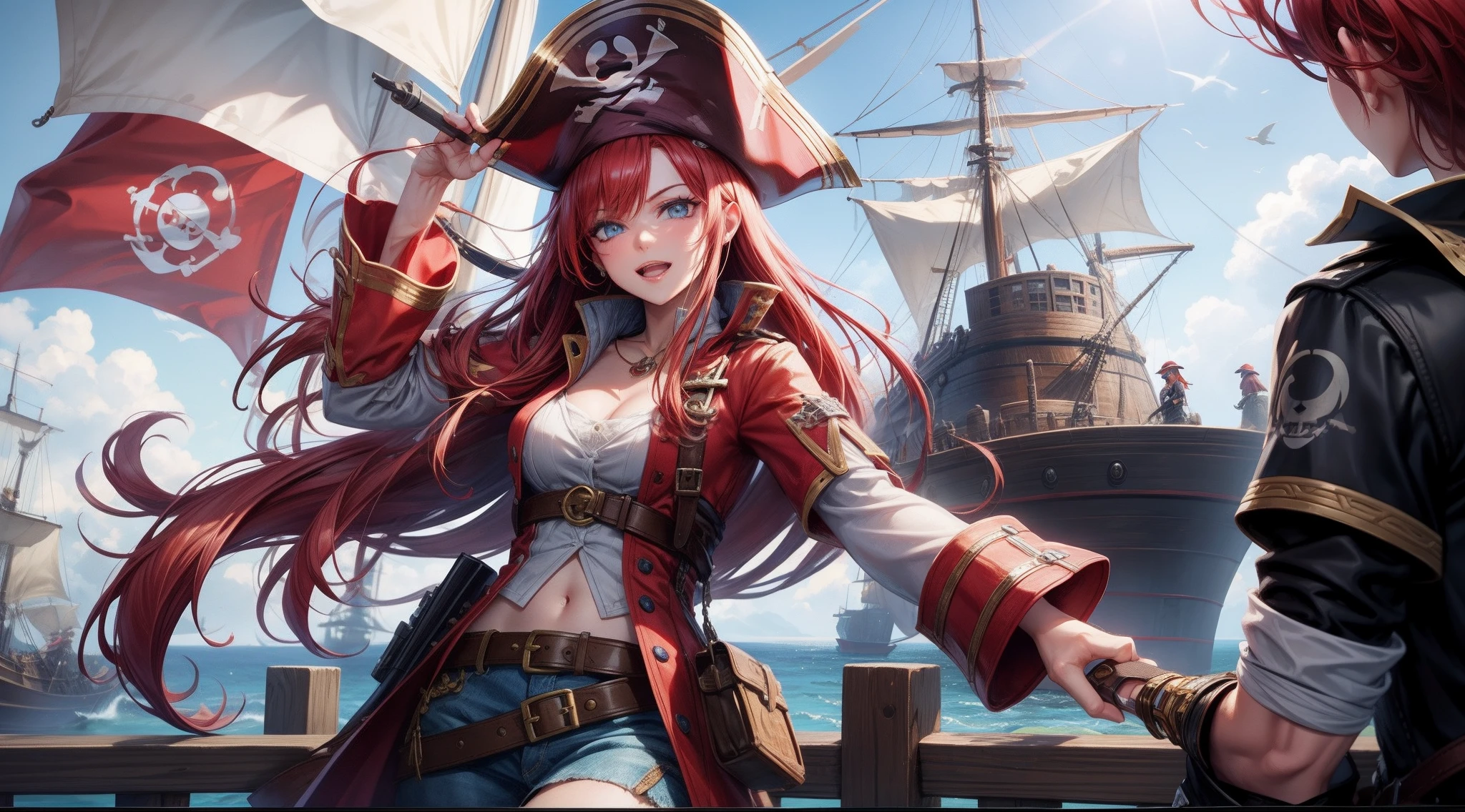 red head, pirate hat, gunner girl, detailed fingers hands