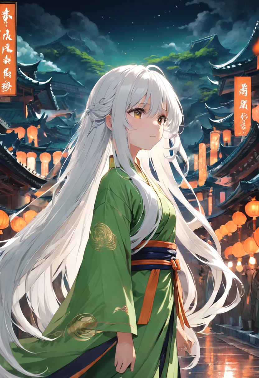 long white hair,Yellow-green clothes,China-style,444 Hz, Beautiful, Breathtaking, Highly detailed, 8K, Use, affectionate, Ultra photo realsisim, scenery