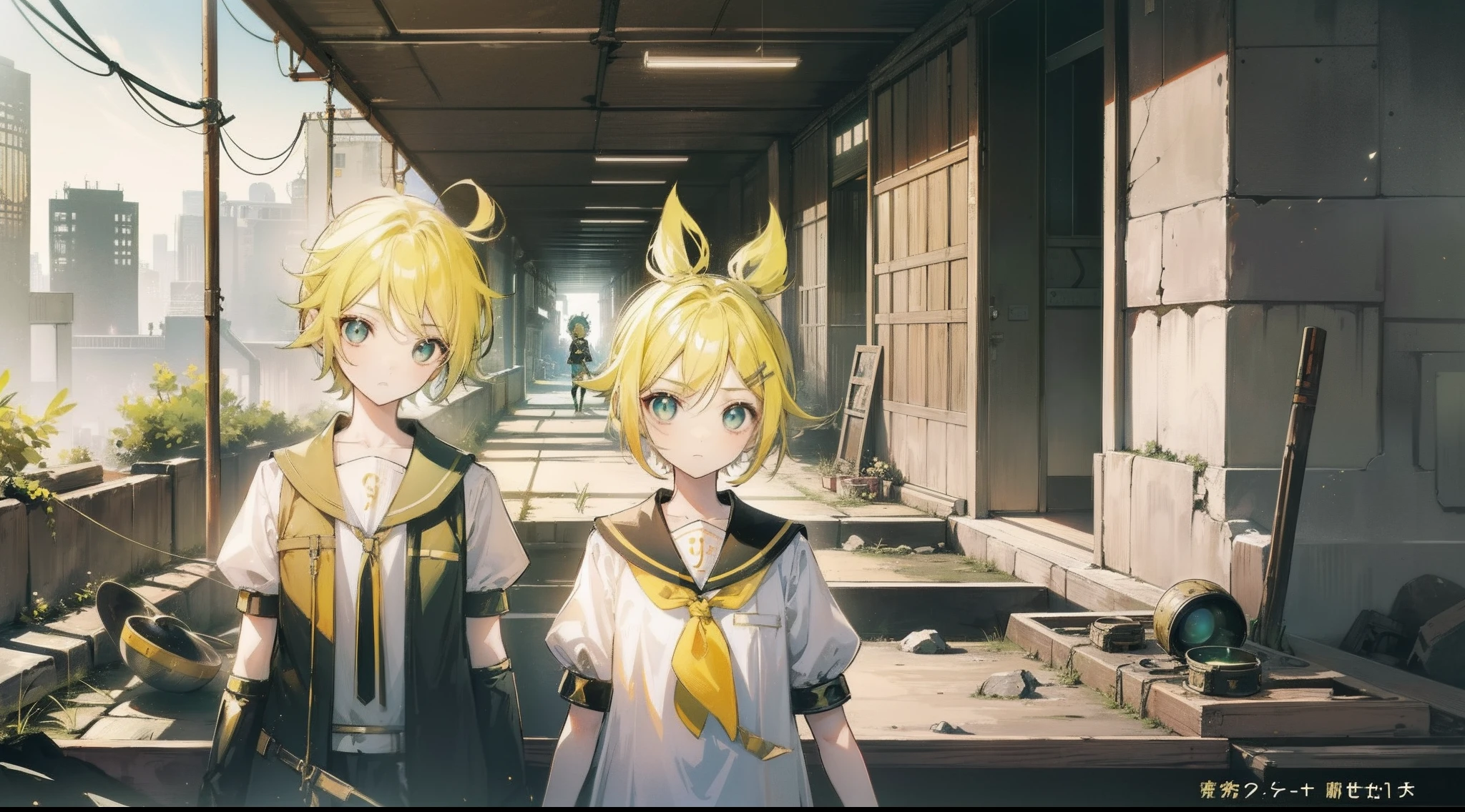 Slums、charicature(Kagamine phosphorus)、charicature(Kagamine Ren)、2 people only、Two twins(1 boy、1 girl in)、Yellowhair、Green eye、a baby face、Face up、wastelands、A desert、Fantasia、opulent、Beautiful fece、Beautiful men and women、Stylish