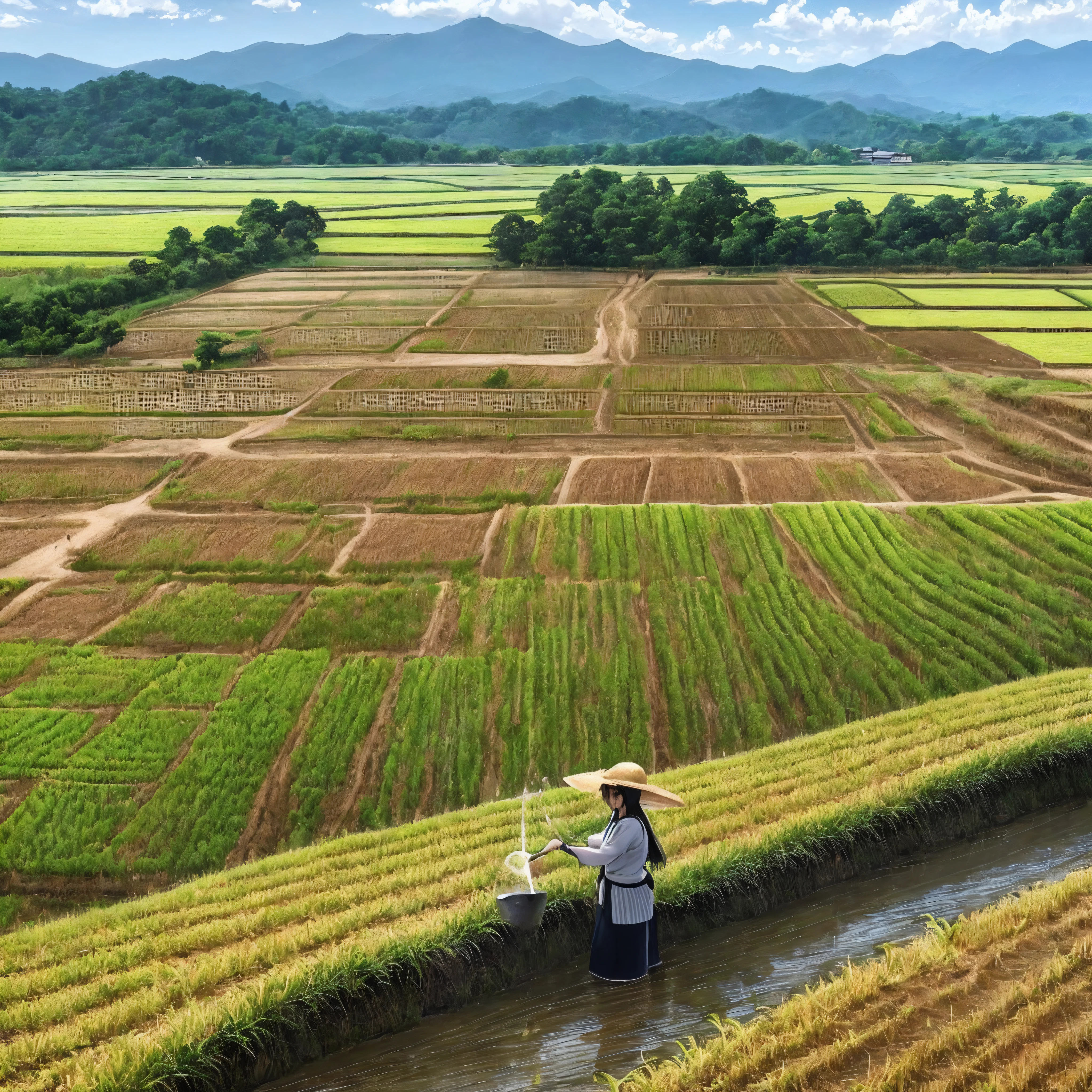 arafed woman watering water in a field with a mountain in the background, malaysia with a paddy field, japanesse farmer, irrigation, beautiful image, villagers busy farming, very beautiful photo, paddy fields and river flowing, farm land, rice paddies, idyllic and fruitful land, vibrant setting, farmer, beautiful sunny day, japan rural travel, assam tea village background